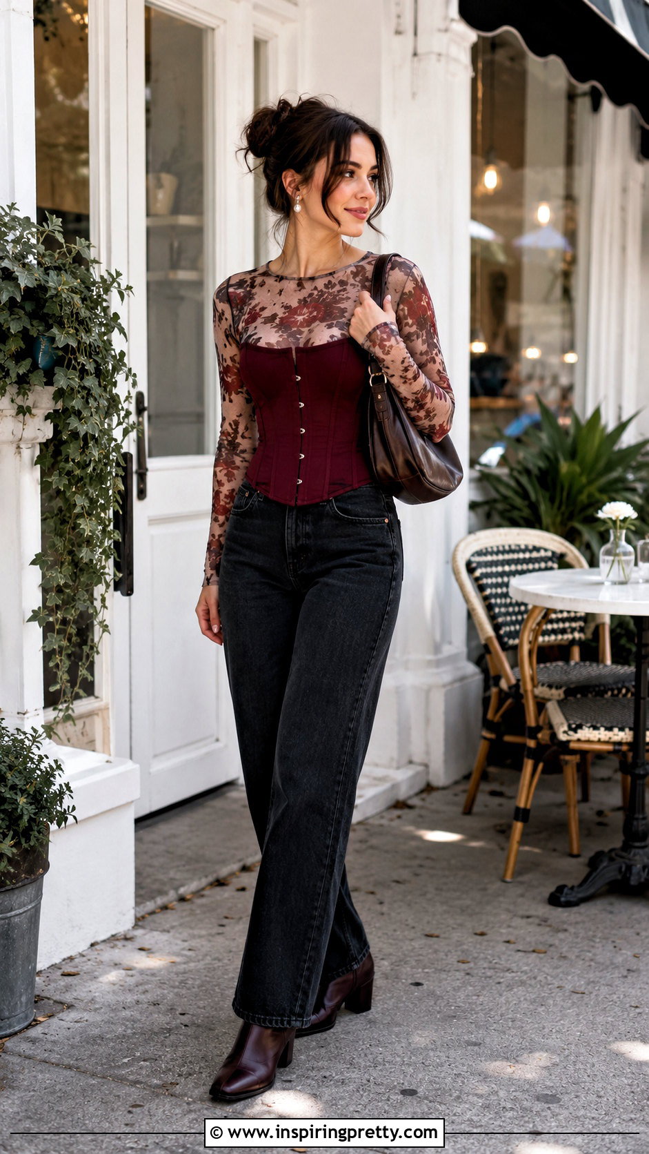 Floral Mesh Top With Corset And Straight Leg Jeans - 20 mesh top corset outfit ideas
