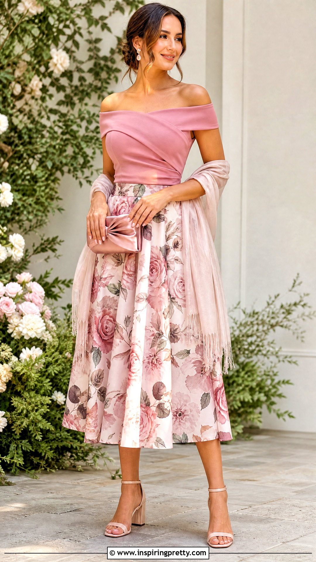 Floral Midi Skirt And Off Shoulder Top - 50 wedding guest skirt and top outfit ideas