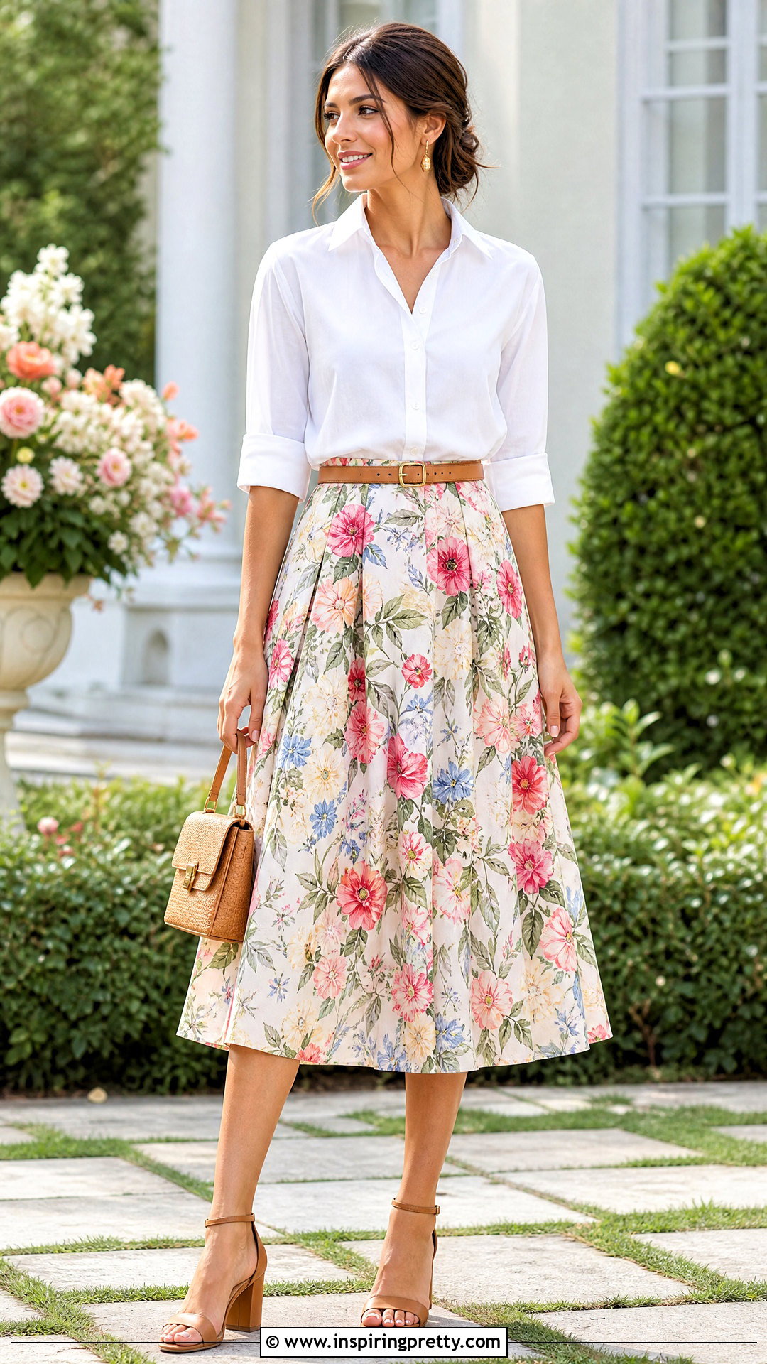 Floral Midi Skirt And White Blouse Outfit - 50 skirt and top outfit ideas