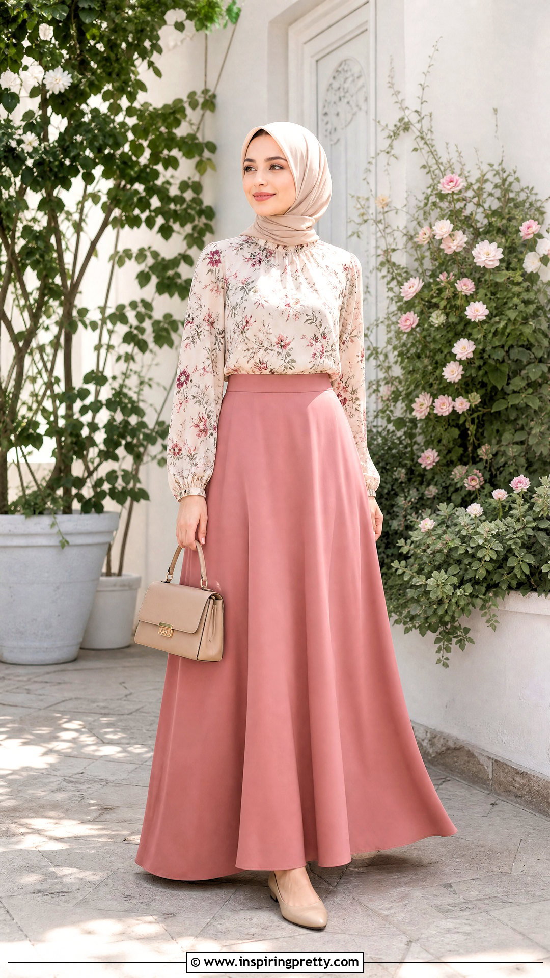 Floral Modest Blouse With Solid Maxi Skirt - 50 modest tops for women