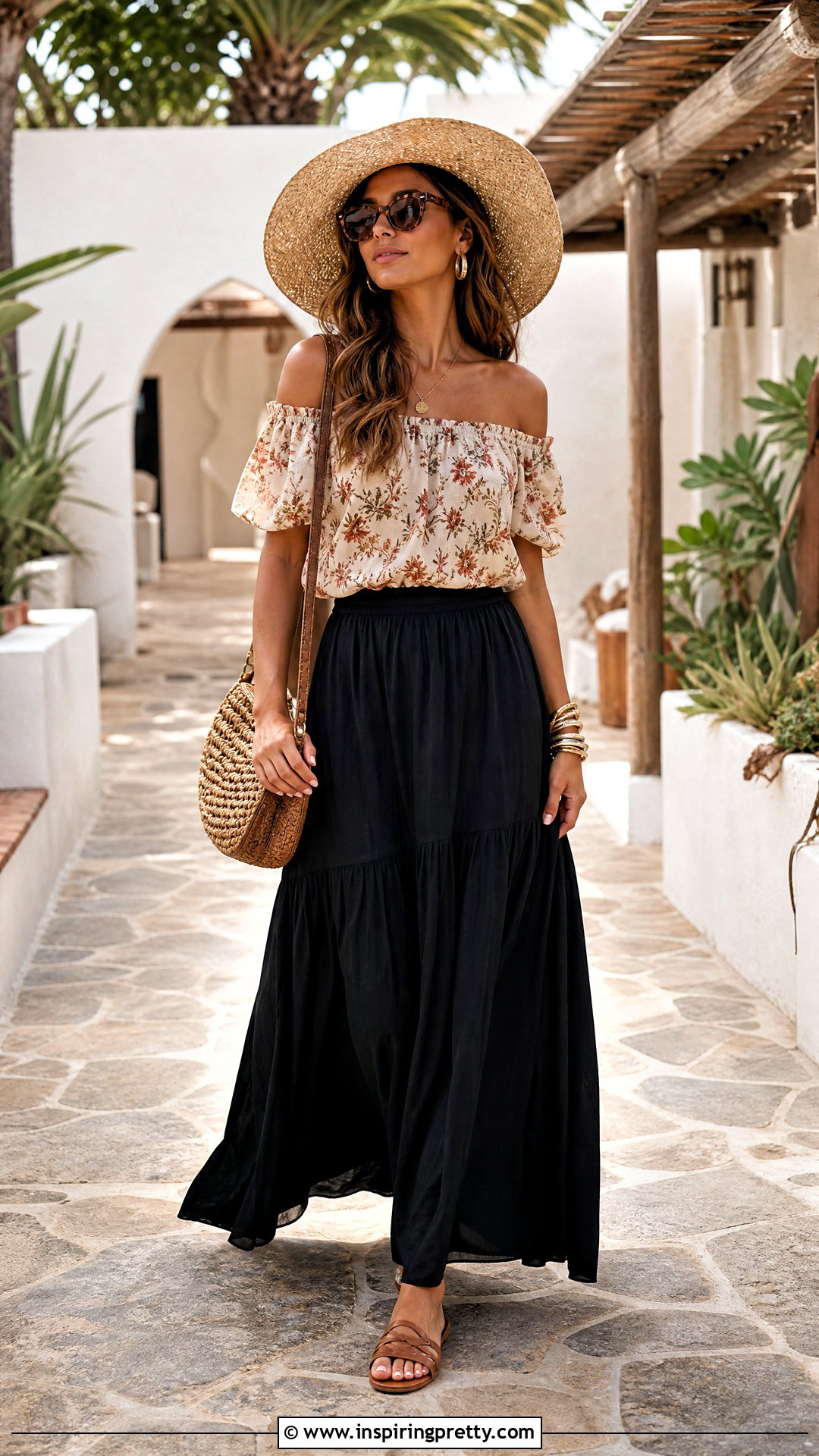 Floral Off Shoulder Top With Black Maxi Skirt - 20 Floral Top With Black Skirt And Accessories