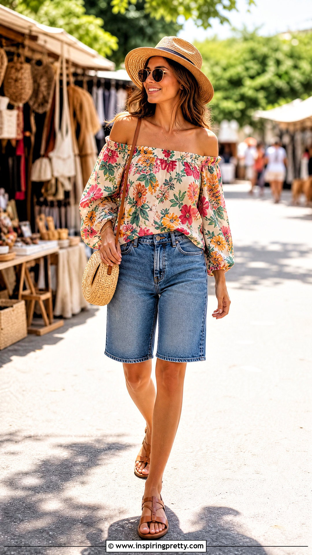 Floral Off Shoulder Top With Denim Shorts - 50 shoulder off top outfits