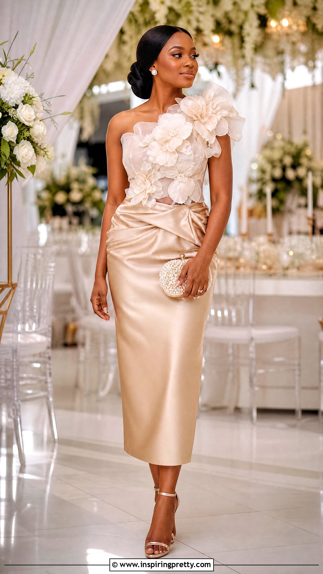 Floral Organza Blouse With Satin Midi Skirt - 20 Nigerian Organza Tops Blouses