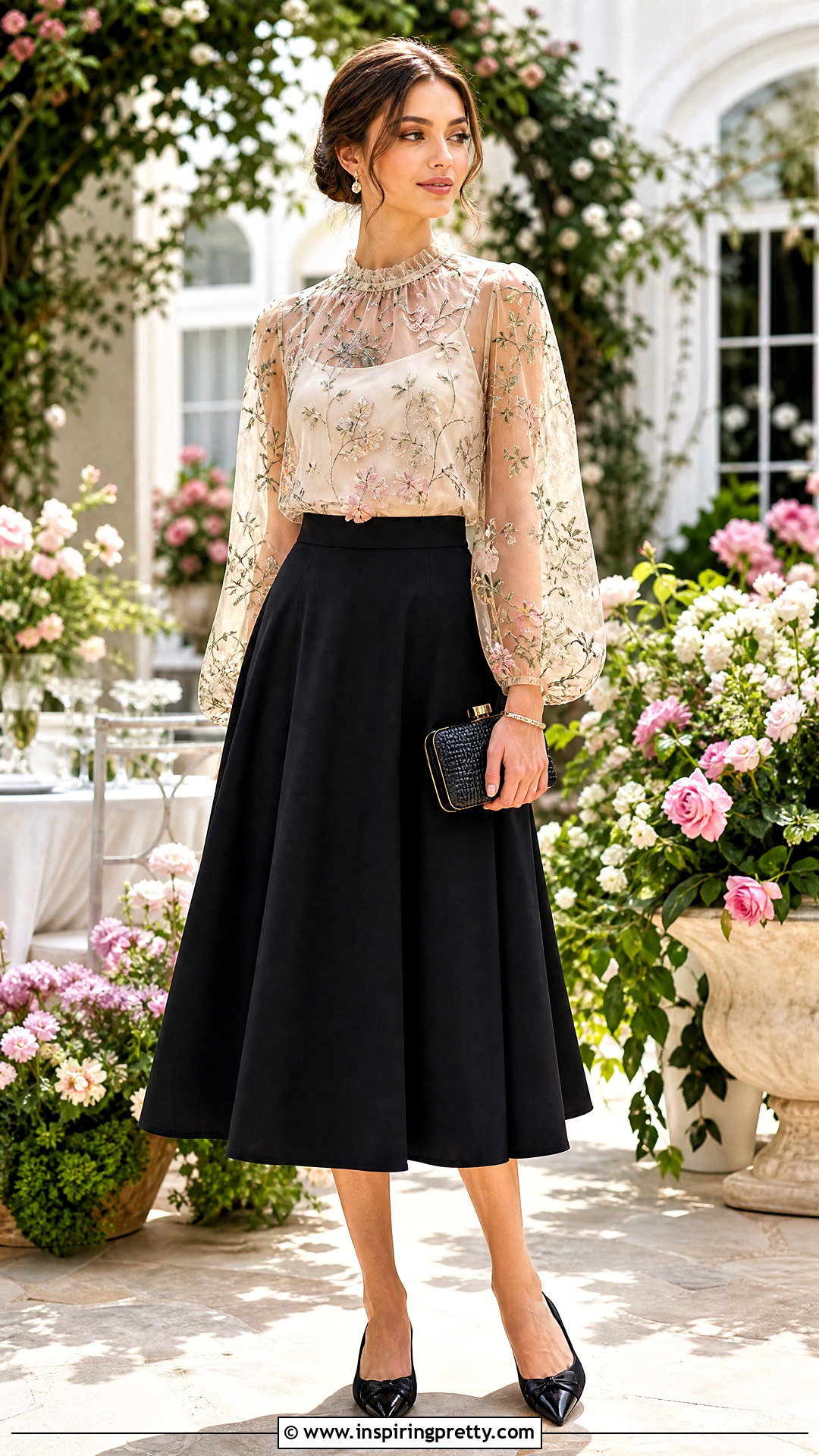 Floral Organza Top With Black Midi Skirt - 50 organza tops outfit ideas