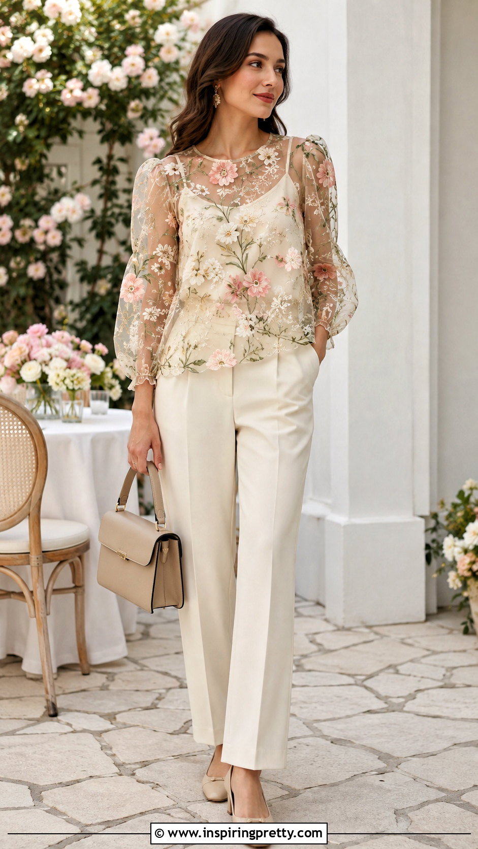 Floral Organza Top With Neutral Trousers - 50 Organza Top Outfit ideas