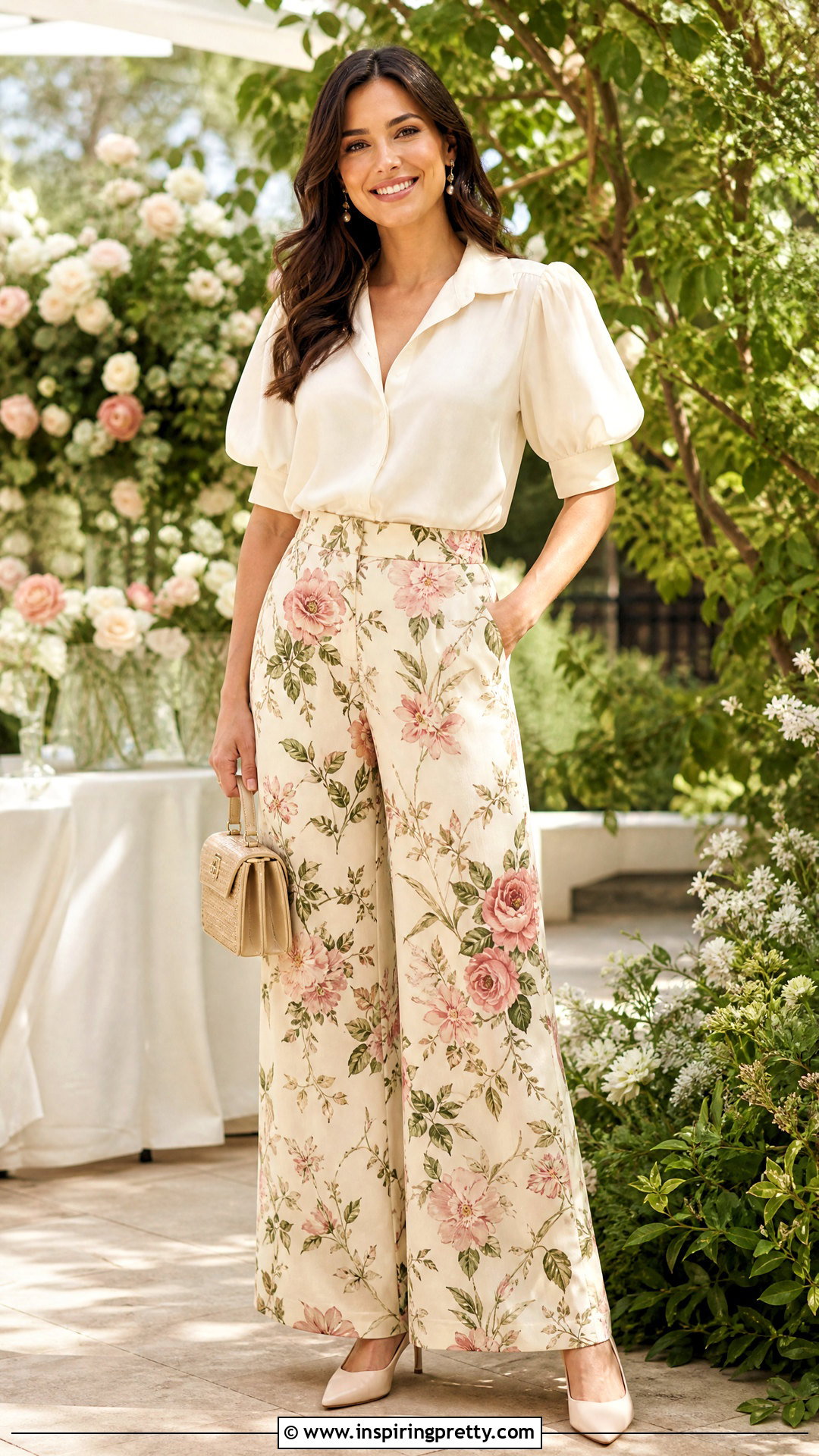 Floral Palazzo Trousers With Puff Sleeve Blouse - 50 palazzo trouser and top outfit ideas