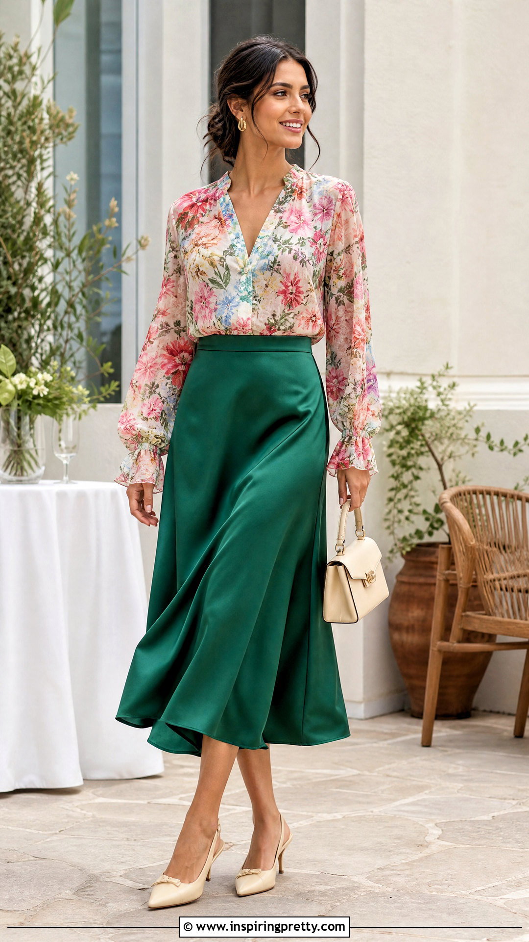 Floral Patterned Top With Satin Midi Skirt - 20 Colorful Patterned Top Outfit ideas