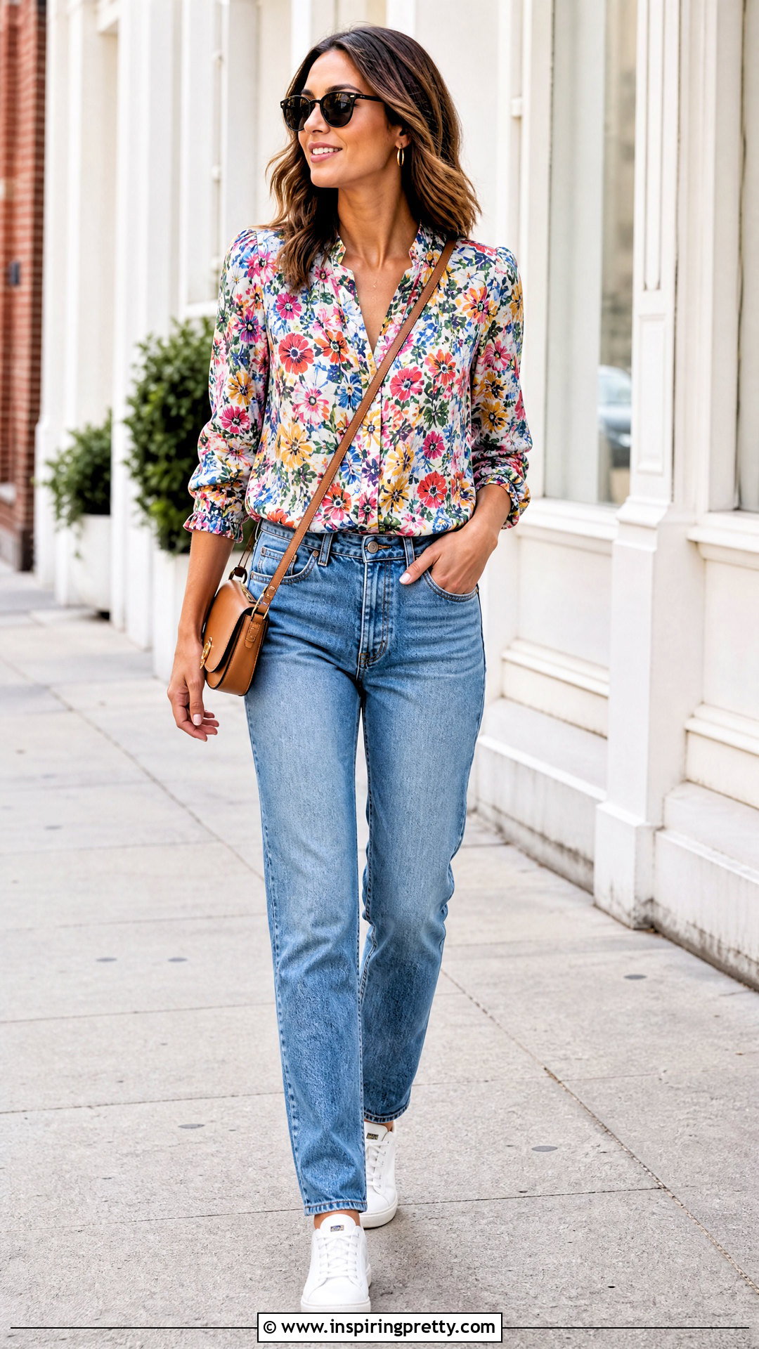 Floral Patterned Top With Straight Leg Jeans - 20 Colorful Patterned Top Outfit ideas