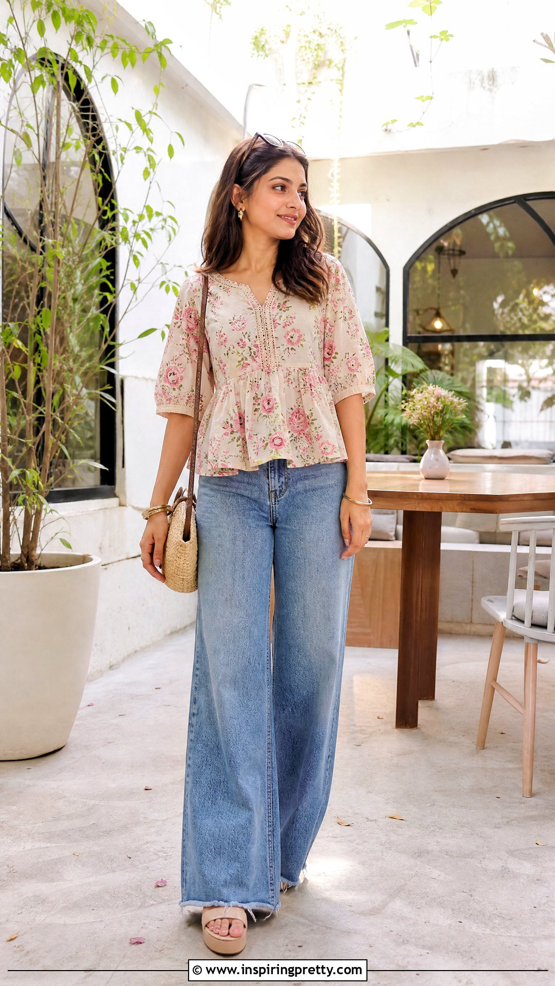 Floral Peplum Short Kurtha Top With Wide Leg Jeans - 20 Short Kurtha Tops For Women