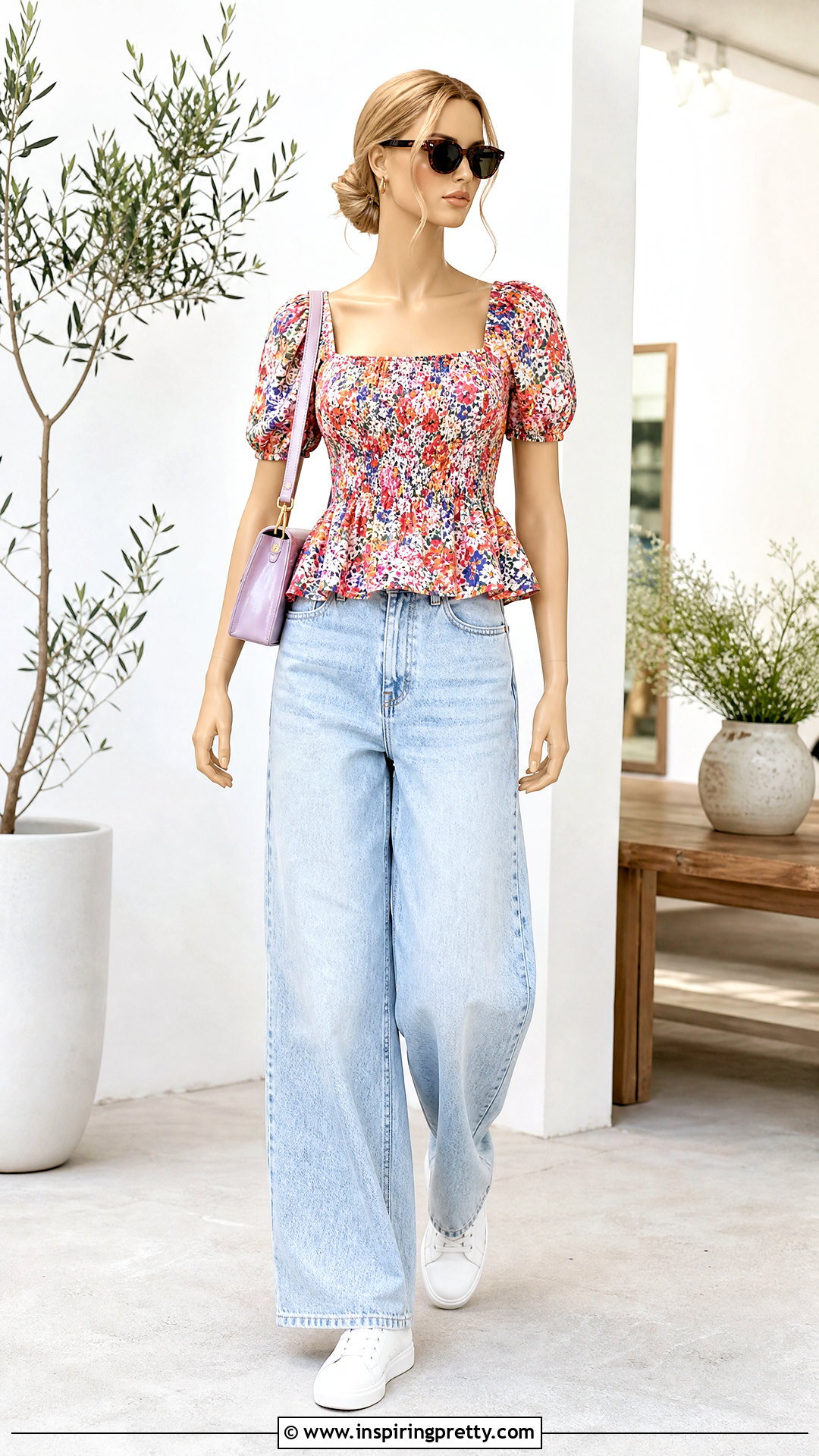 Floral Peplum Top With Light Wash Wide Leg Jeans - 20 floral peplum top on mannequin ideas
