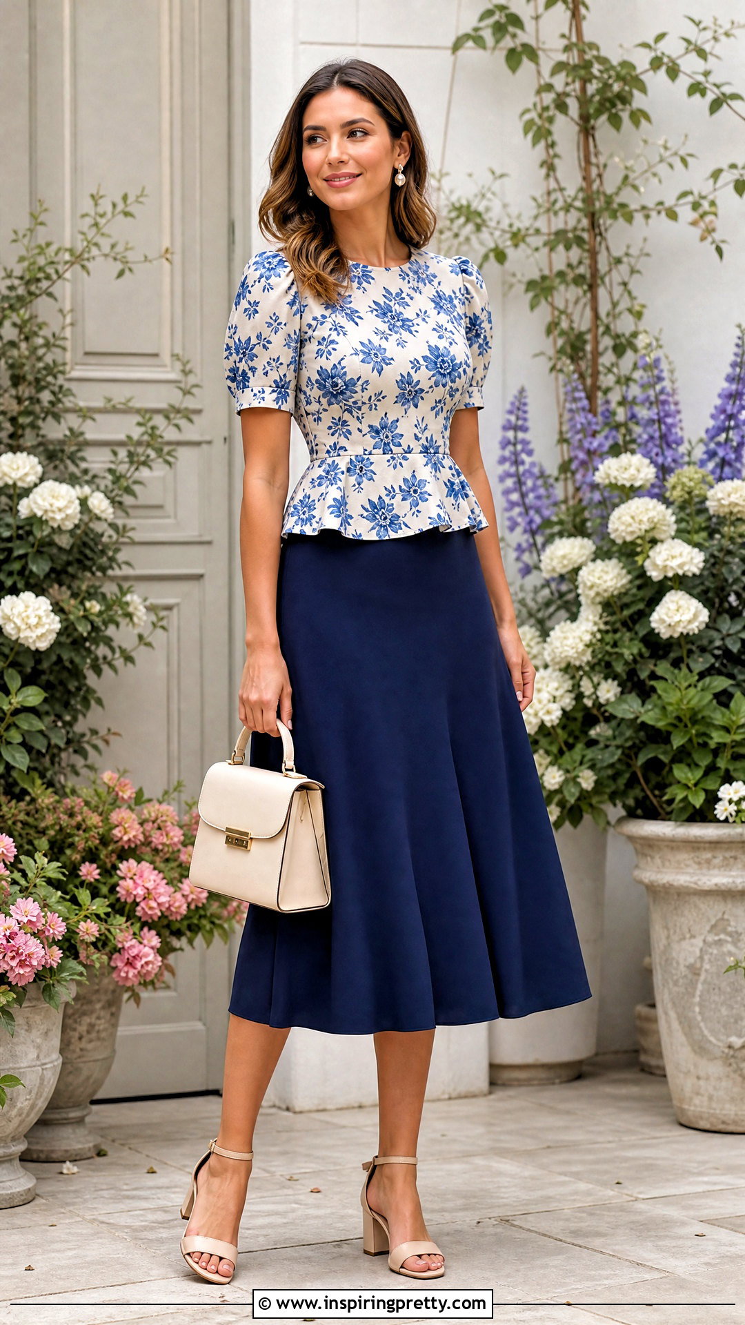 Floral Peplum Top With Solid Midi Skirt - 50 peplum top with skirt outfits
