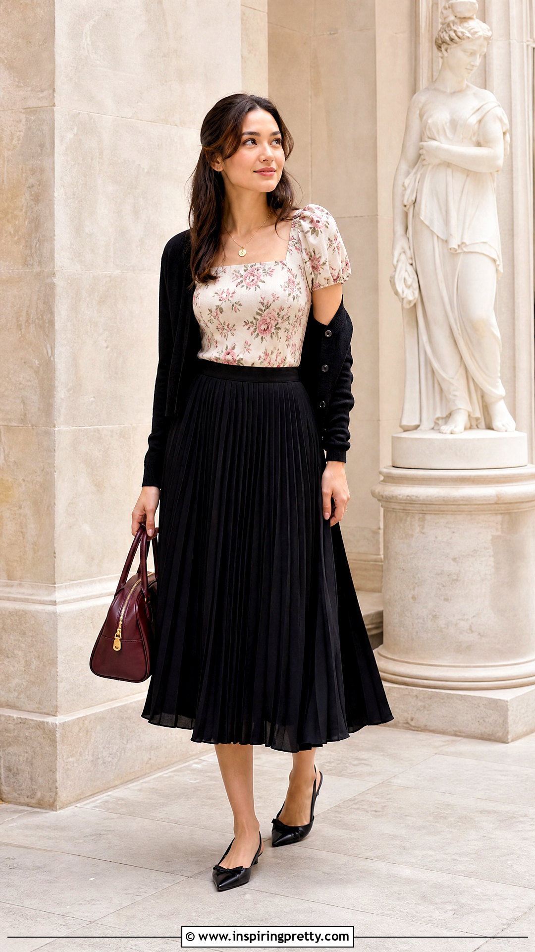 Floral Puff Sleeve Top With Black Pleated Skirt - 20 Floral Top With Black Skirt And Accessories
