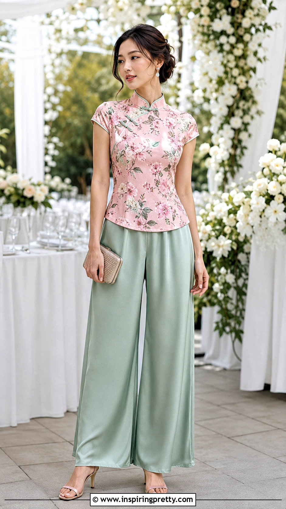 Floral Qipao Top With Satin Pants - 50 qipao top outfit ideas