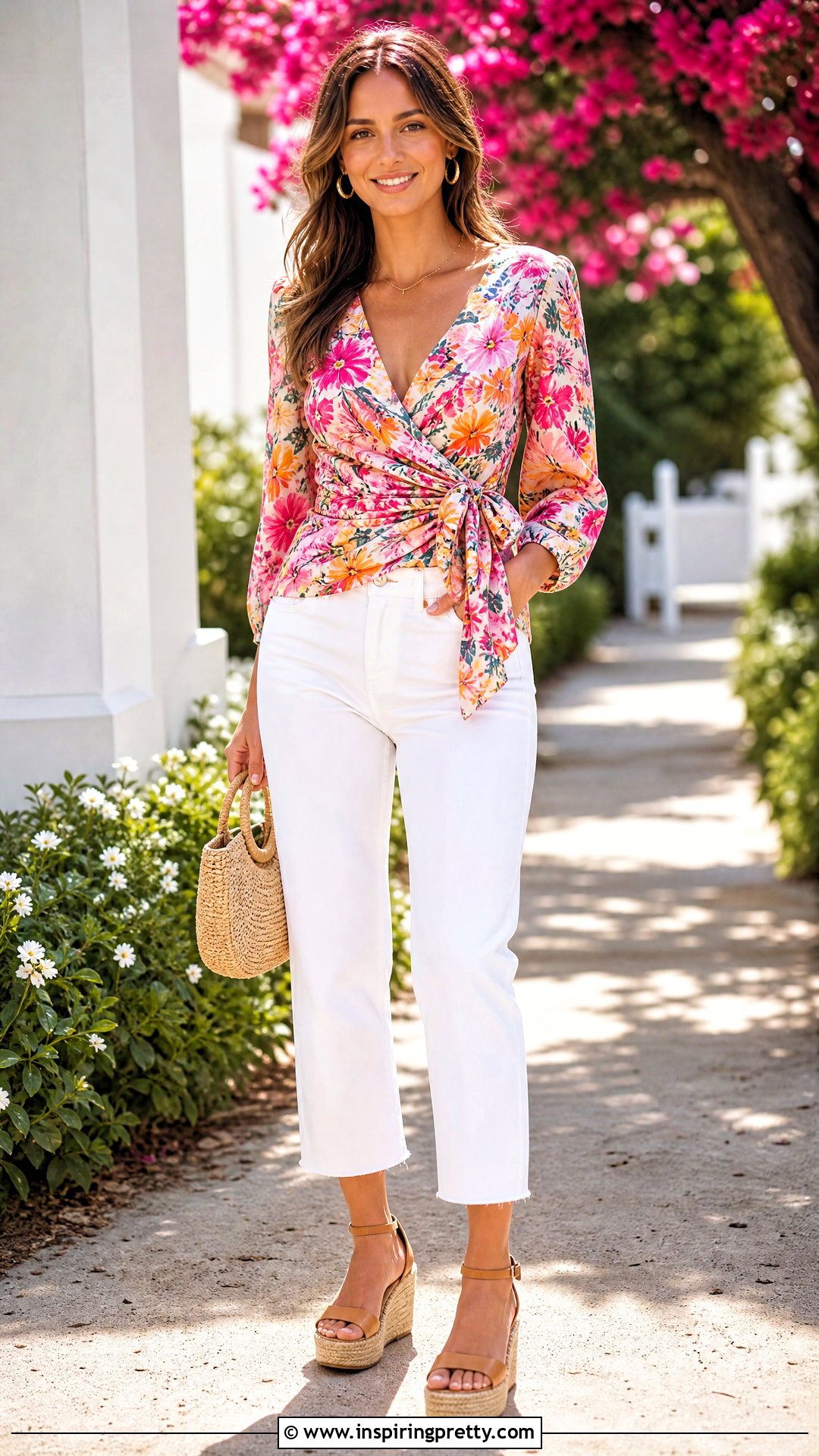 Floral Ruched Wrap Top With White Jeans - 25 ruched wrap top outfit ideas