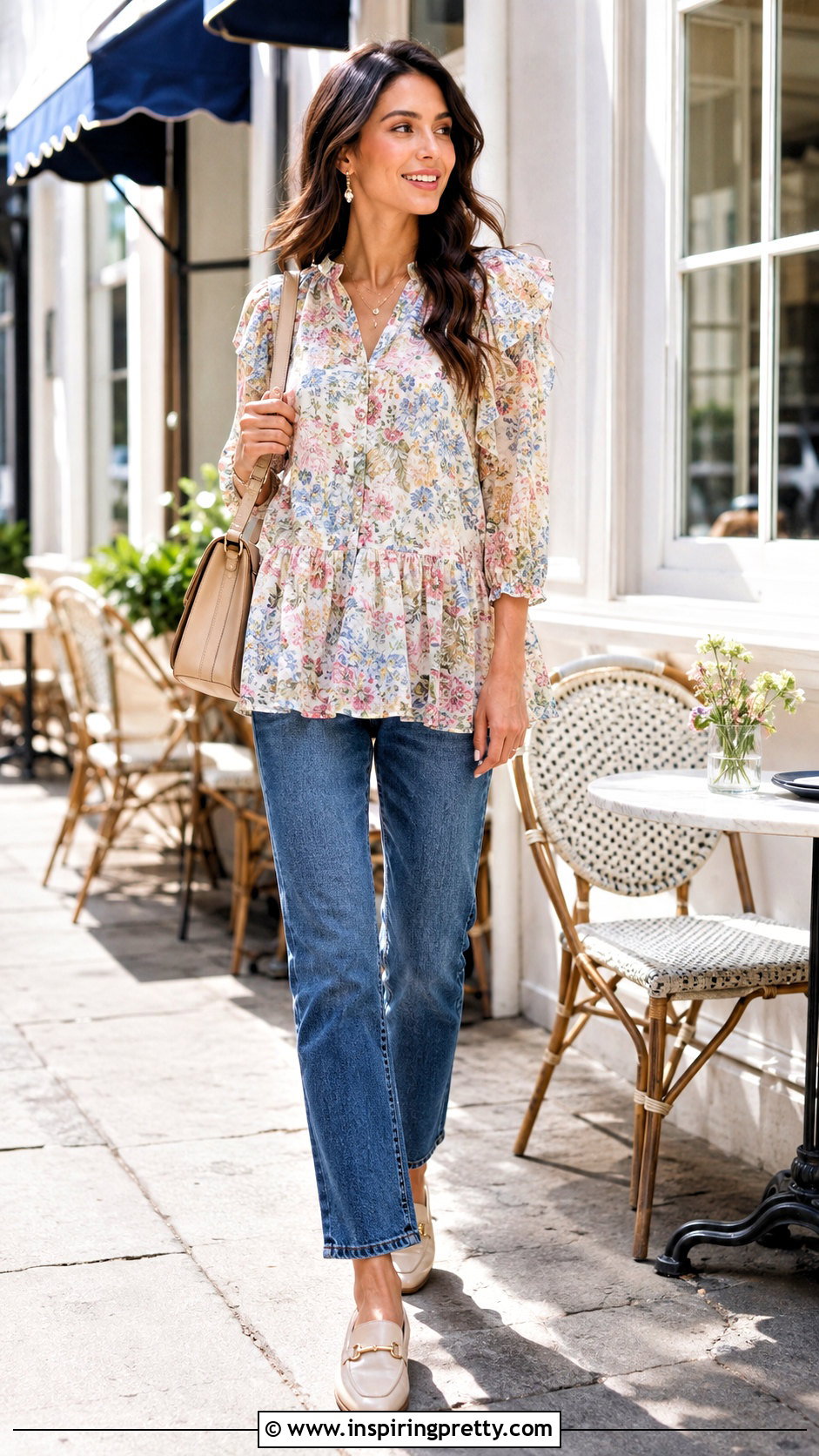 Floral Ruffle Tunic Top With Straight Leg Jeans - 25 ruffle tunic top outfit ideas