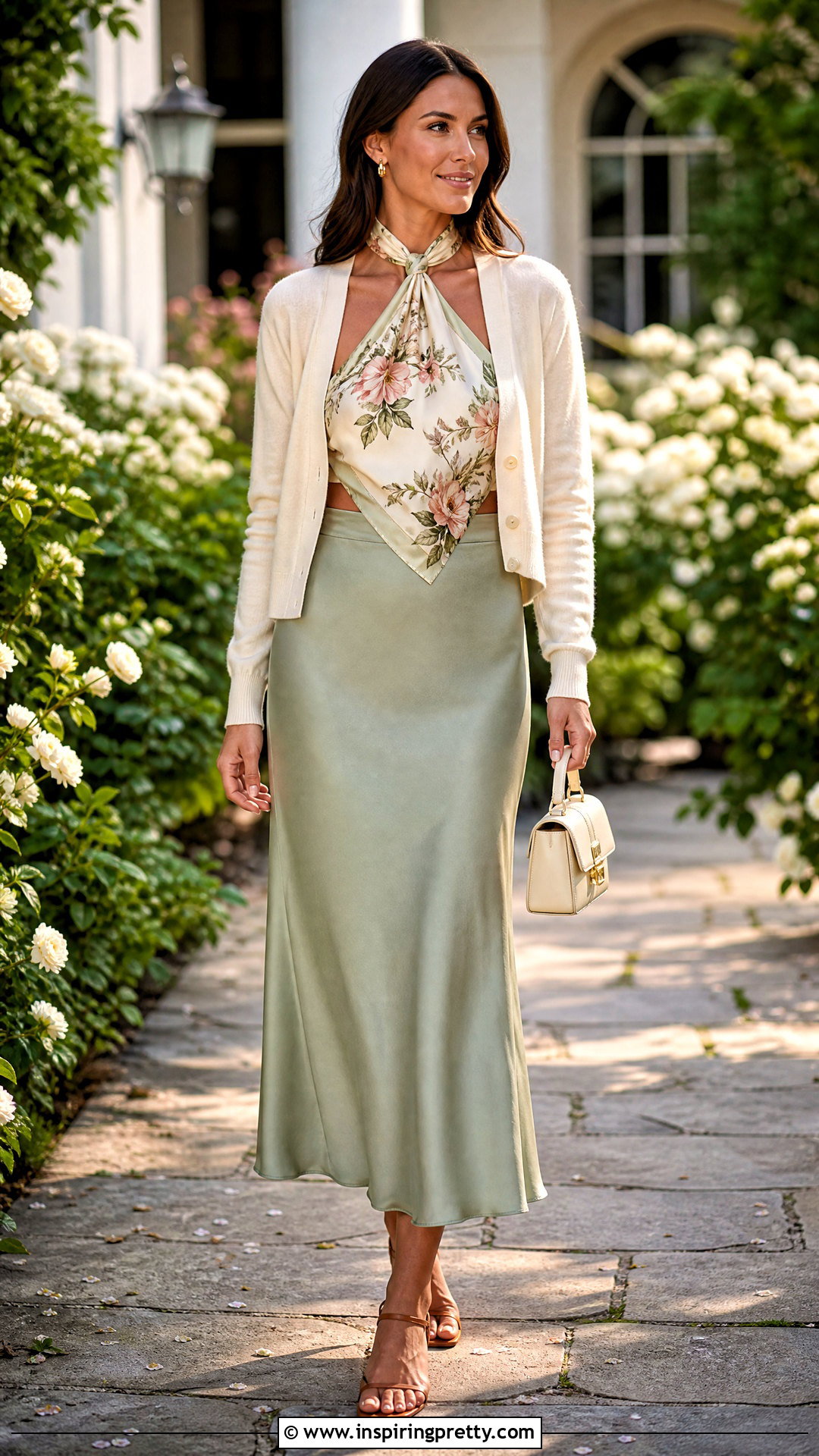 Floral Scarf Top With Solid Midi Skirt - 50 scarf top ideas