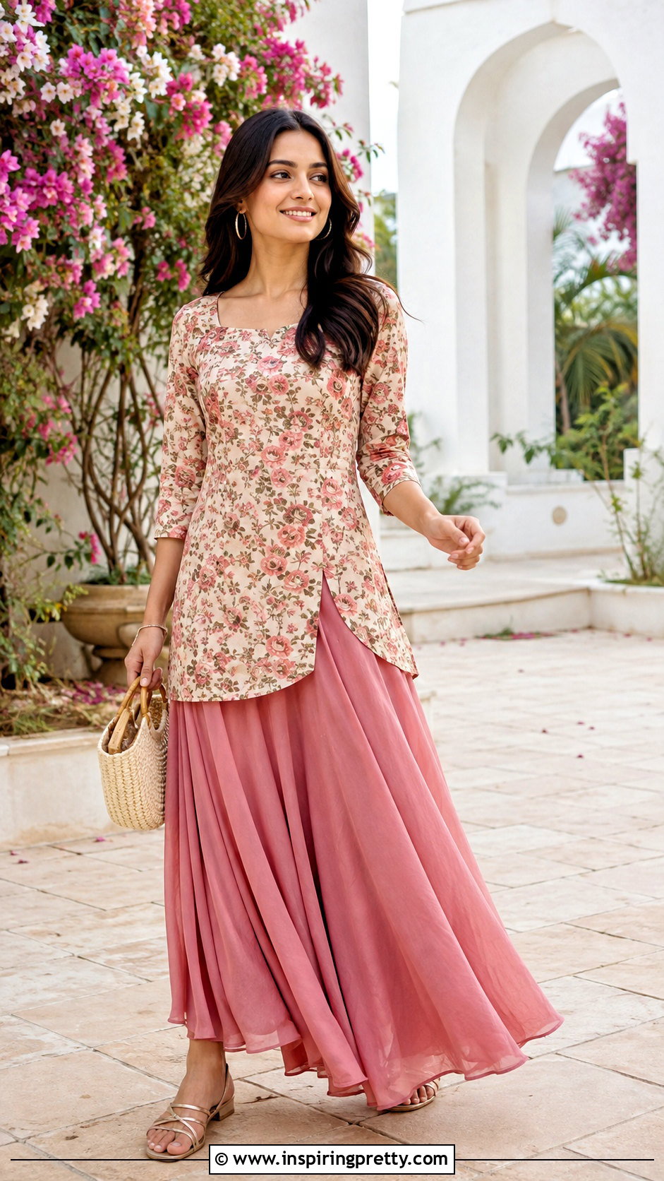 Floral Short Kurti With Maxi Skirt - 50 short kurti top outfit ideas