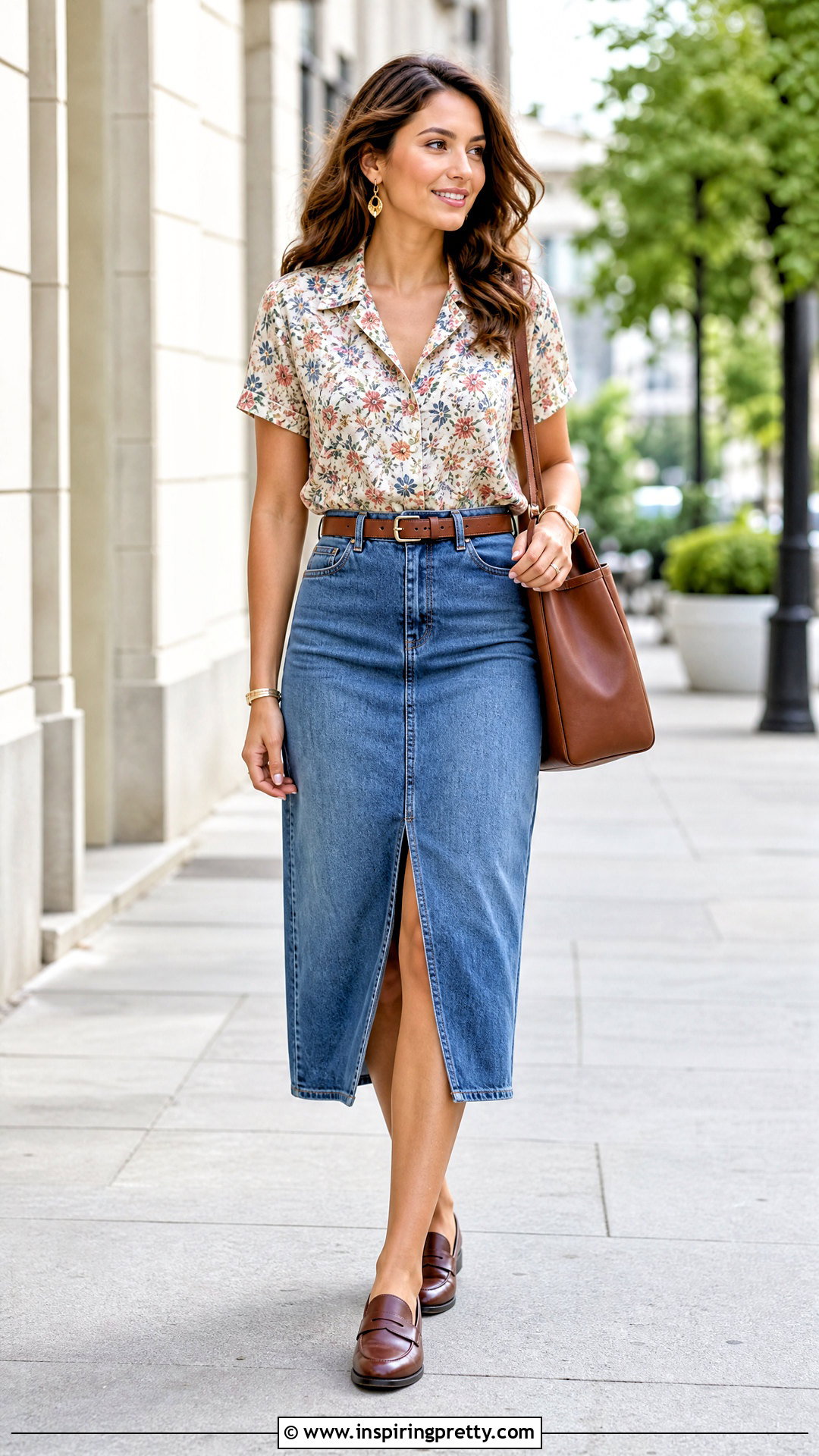 Floral Short Sleeve Blouse With Front Slit Denim Skirt - 20 Floral Top Denim Skirt Styles