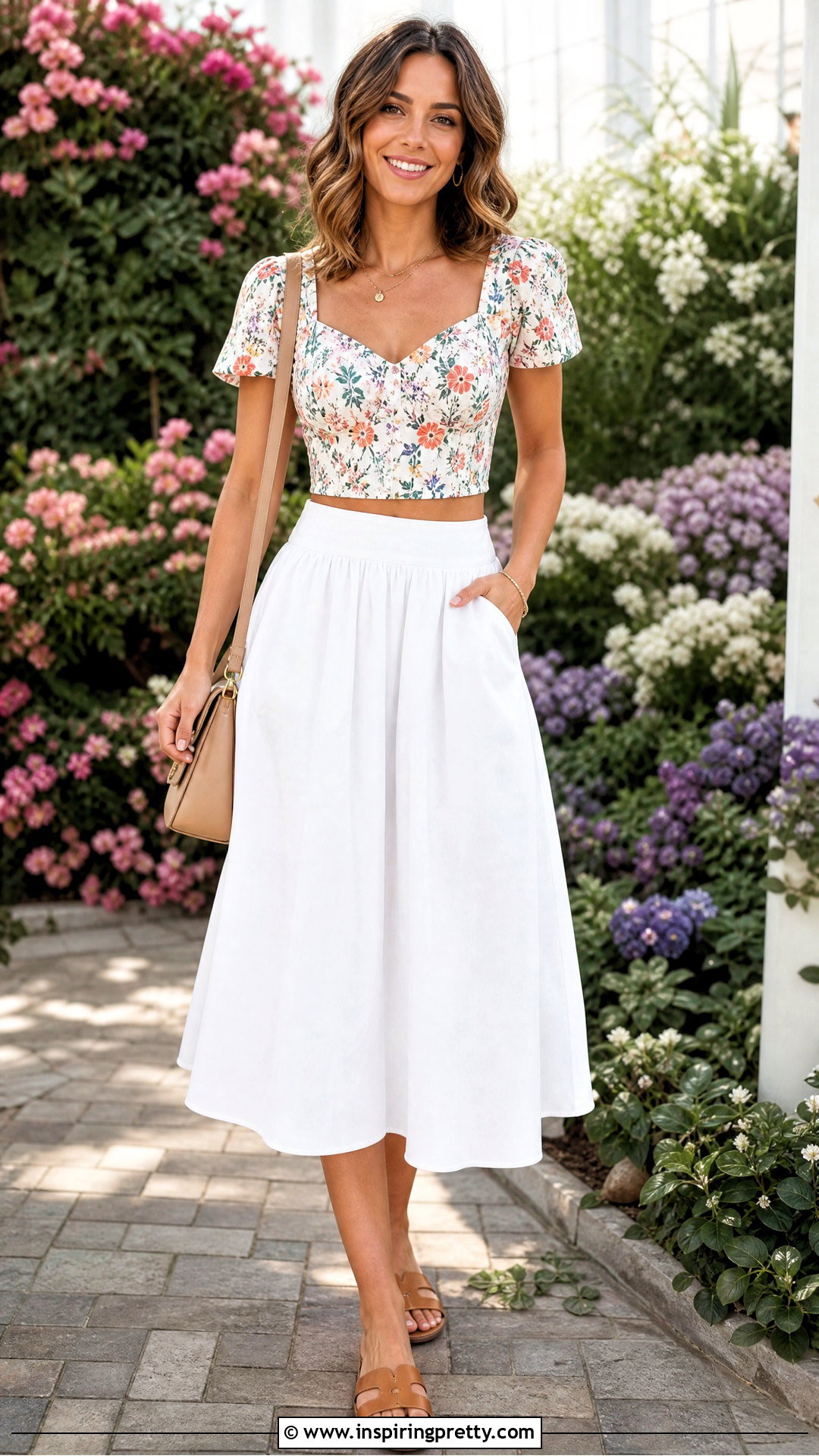 Floral Short Sleeve Crop Top With White Midi Skirt - 20 Short Sleeve Crop Tops For Women