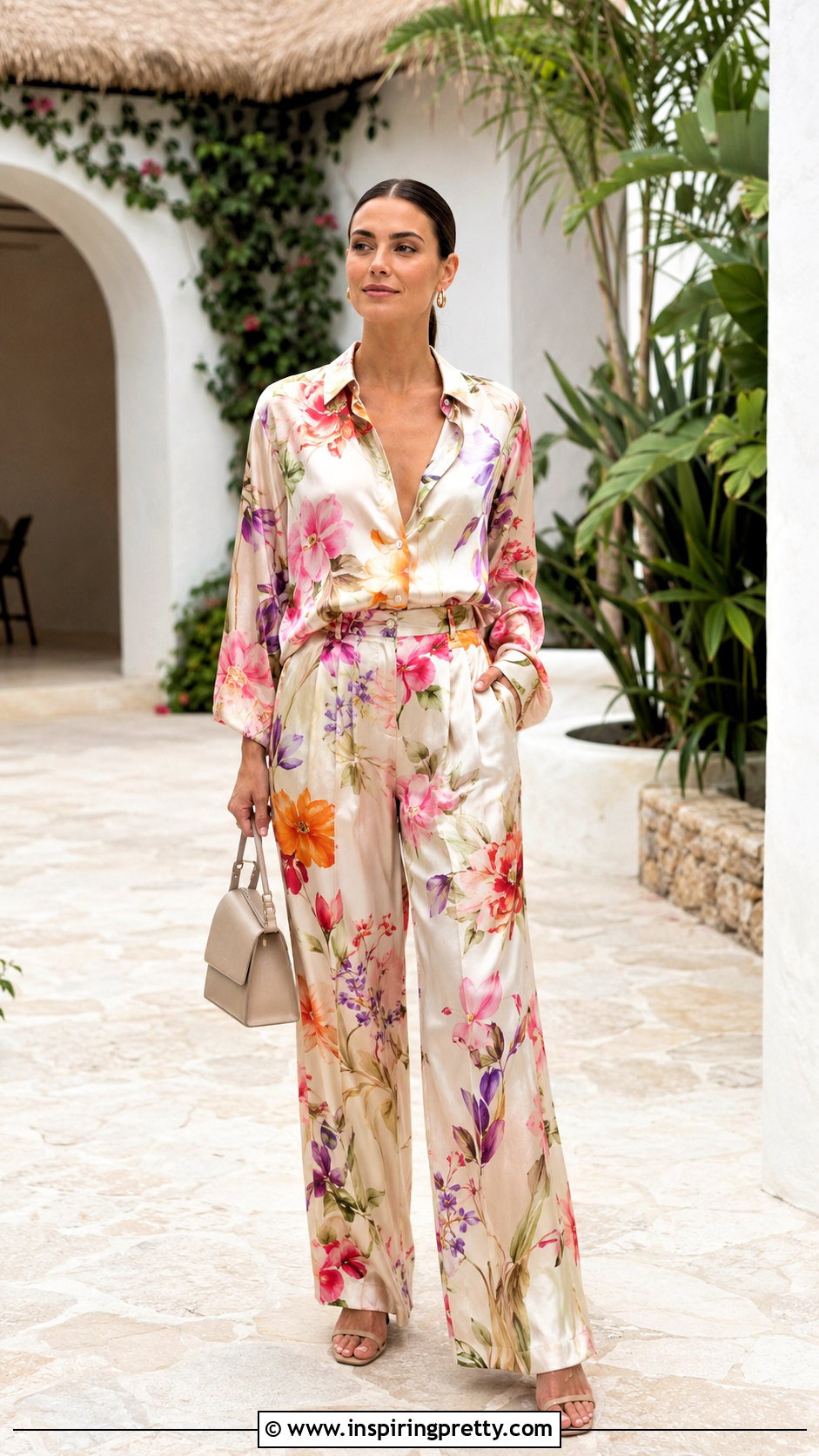 Floral Silk Blouse And Wide Leg Pants Set - 25 silk top and bottom set outfit ideas