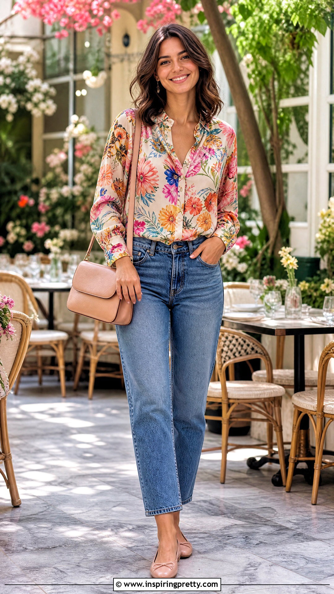 Floral Silk Top With Blue Jeans - 50 silk tops outfit ideas
