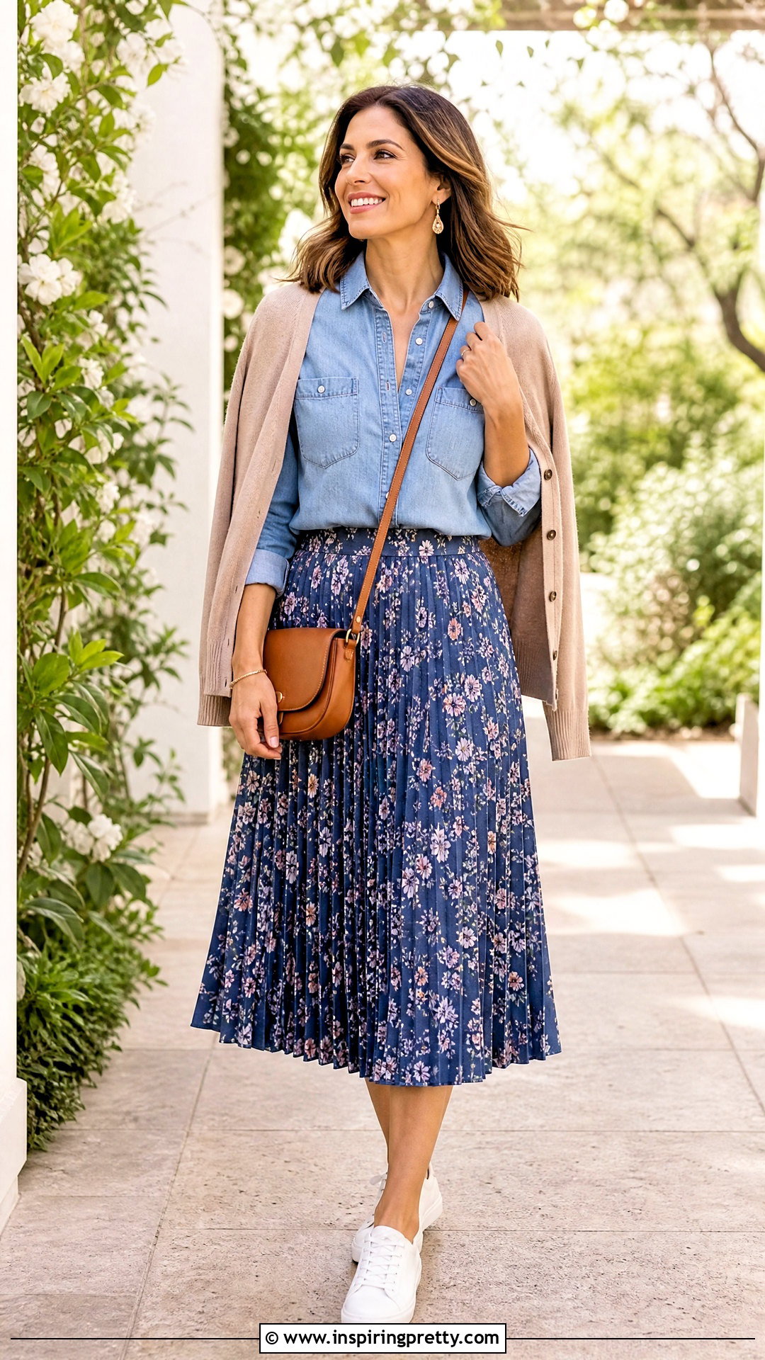 Floral Skirt And Denim Shirt Outfit - 50 gathered top outfit ideas