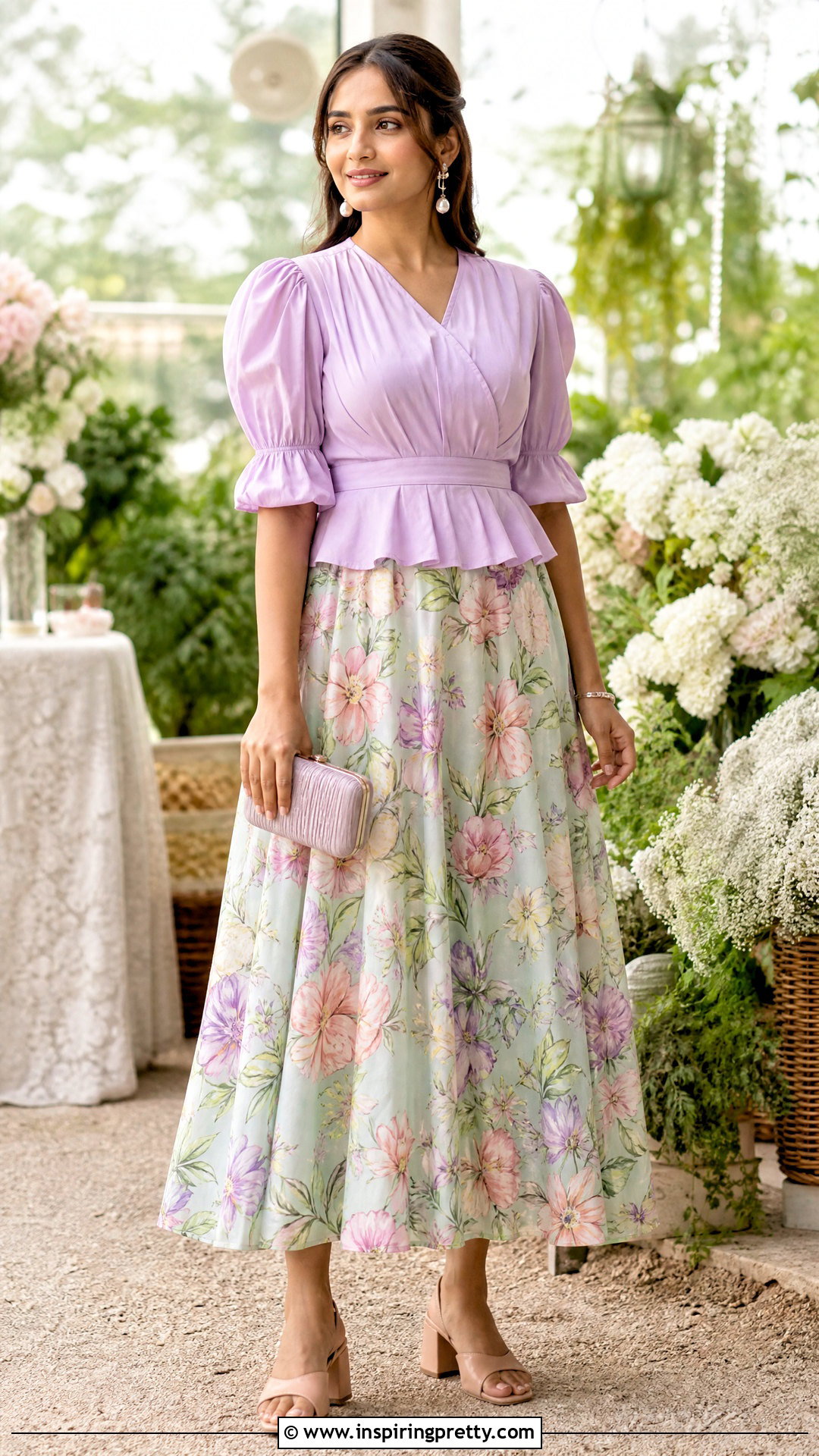 Floral Skirt And Puff Sleeve Blouse - 50 skirt and top traditional outfit ideas