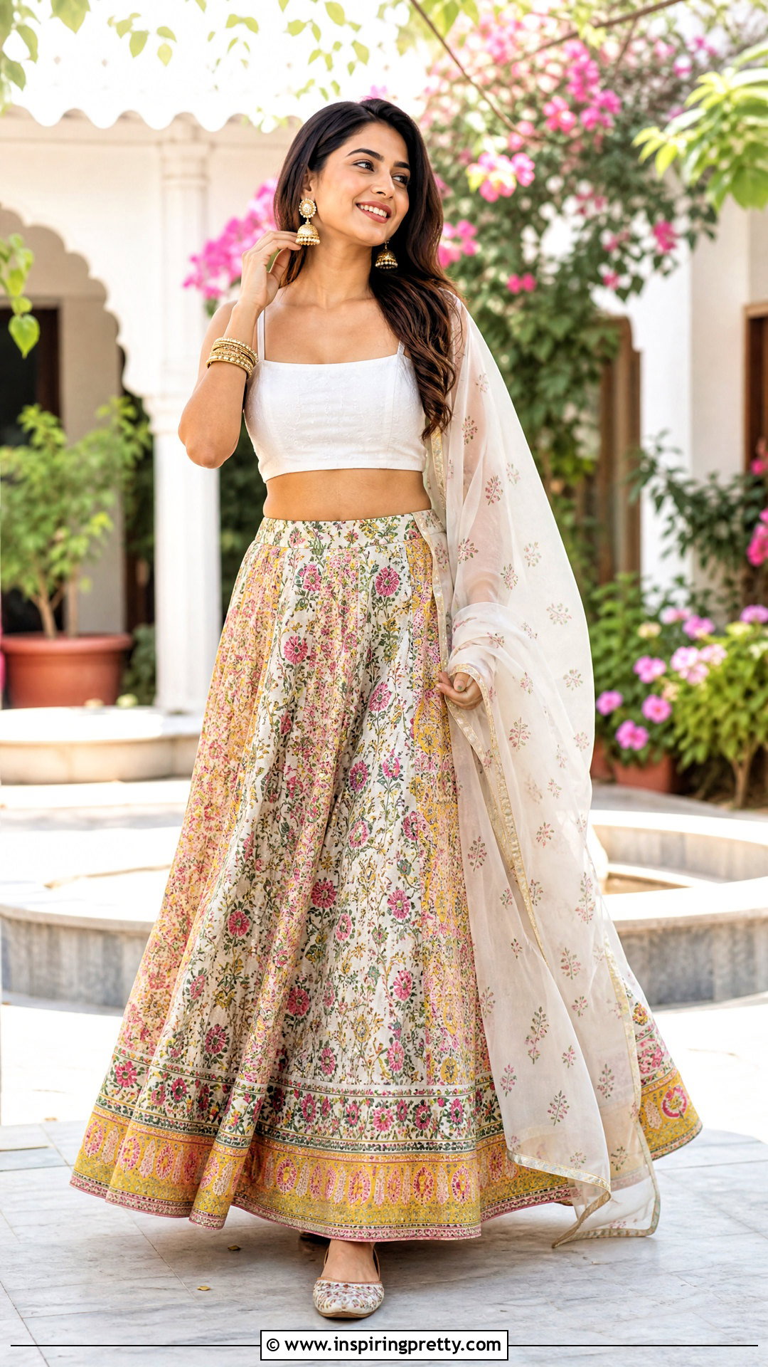 Floral Skirt With White Crop Top - 50 skirt top indian outfit ideas