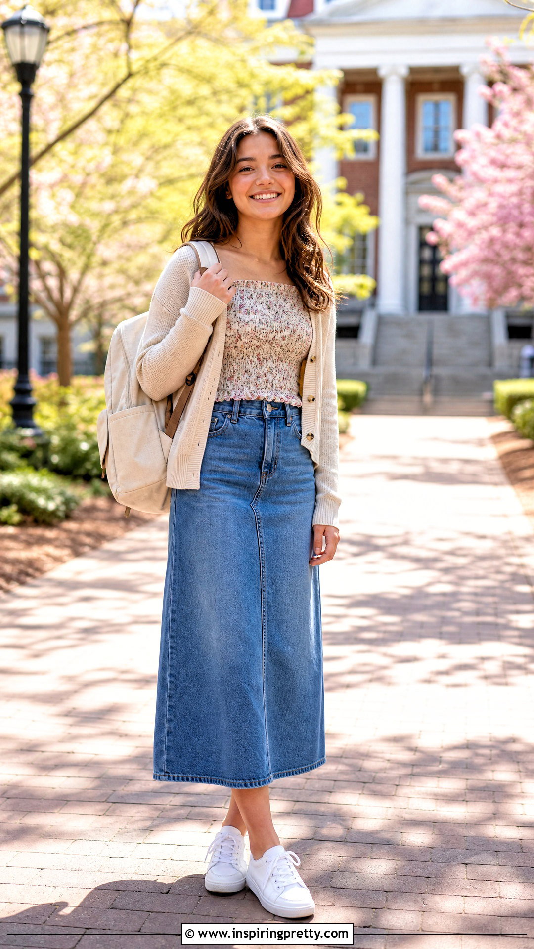 Floral Smocked Top And Denim Midi Skirt Outfit - 50 cute tops for school ideas