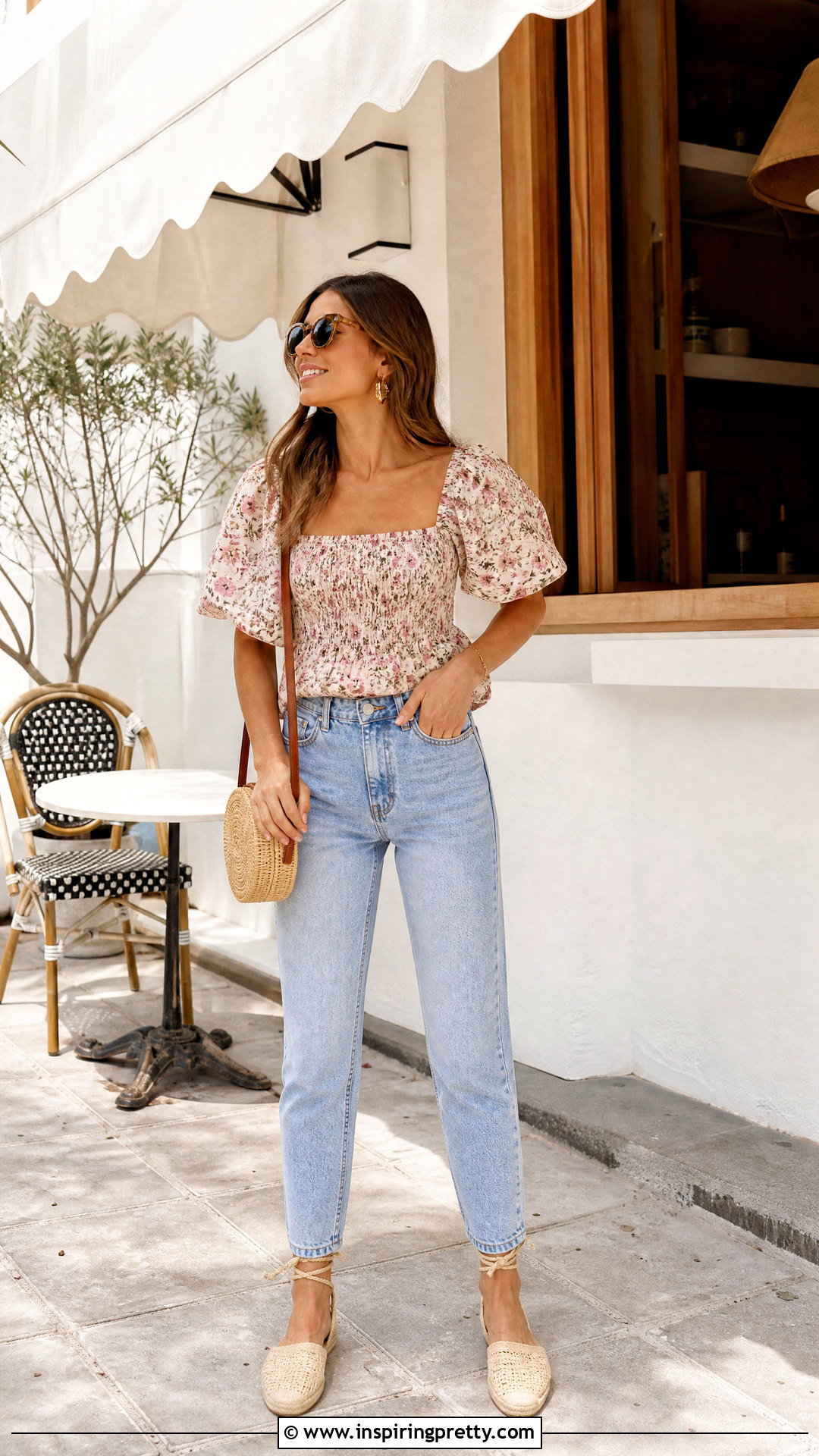 Floral Smocked Top With Mom Jeans And Espadrille Flats - 20 Floral Top With Jeans And Flats