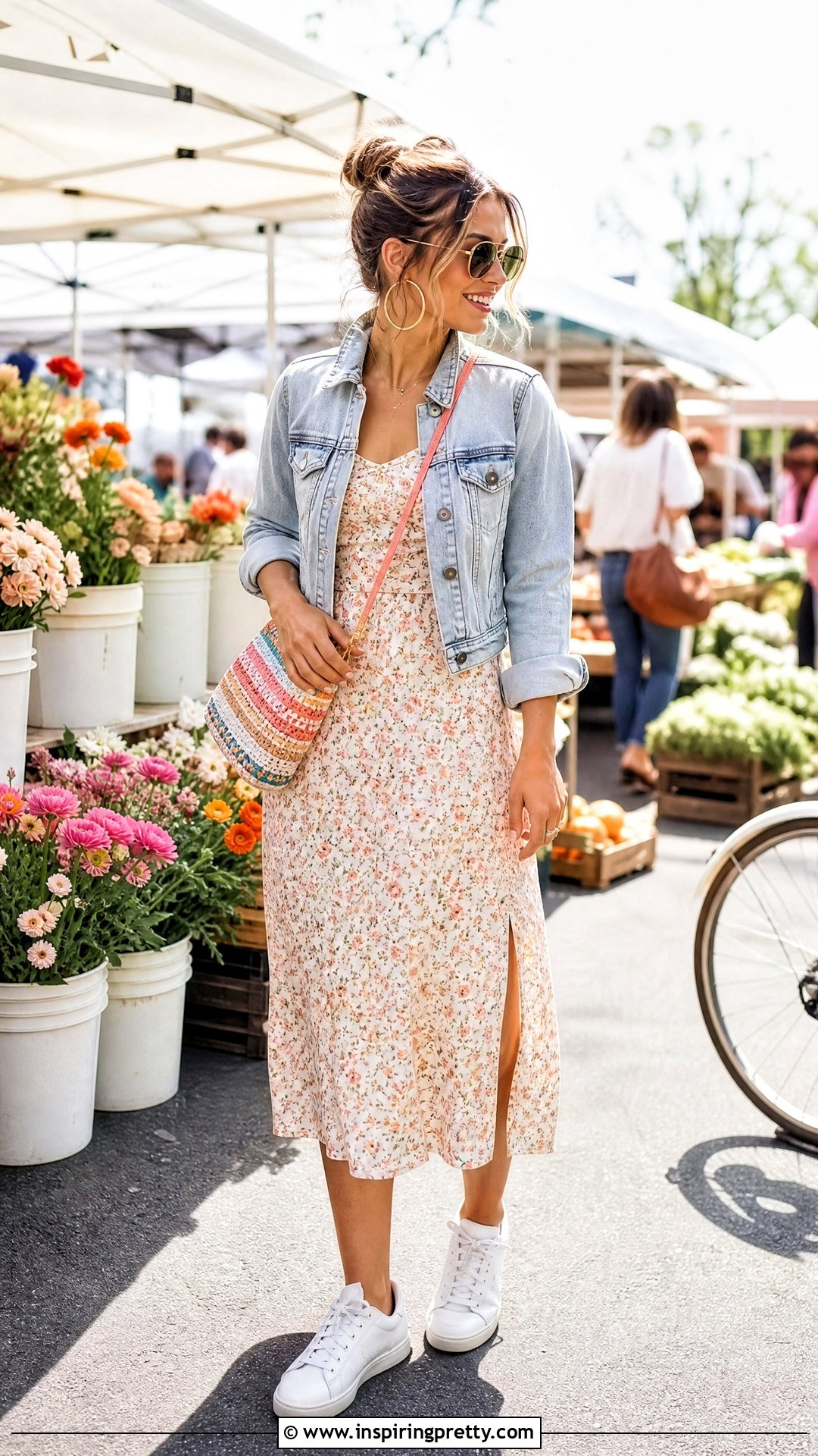 Floral Tank Dress With Denim Jacket - 50 tank top dress outfit ideas
