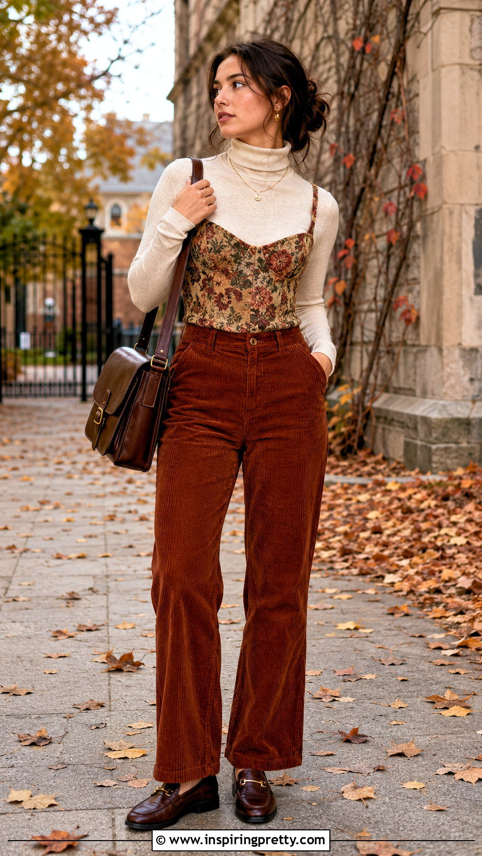 Floral Tapestry Corset Top With Corduroy Pants - 20 floral tapestry corset top outfit ideas