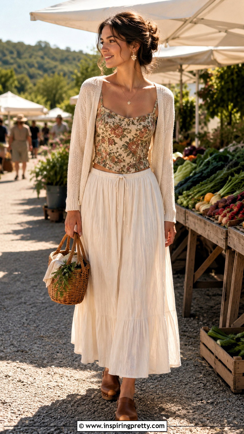 Floral Tapestry Corset Top With Cream Maxi Skirt - 20 floral tapestry corset top outfit ideas
