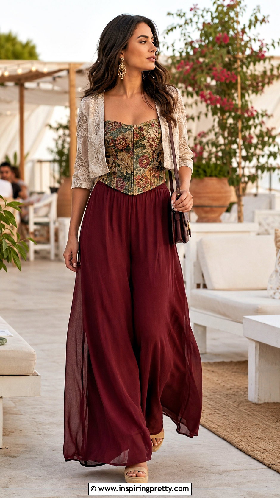 Floral Tapestry Corset Top With Palazzo Pants - 20 floral tapestry corset top outfit ideas
