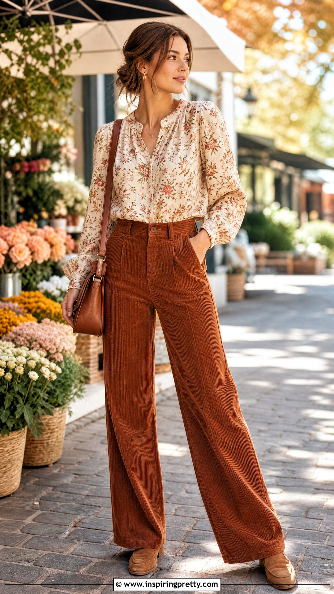 Floral Top With Corduroy Pants - 20 Floral Top Outfit Fall Ideas