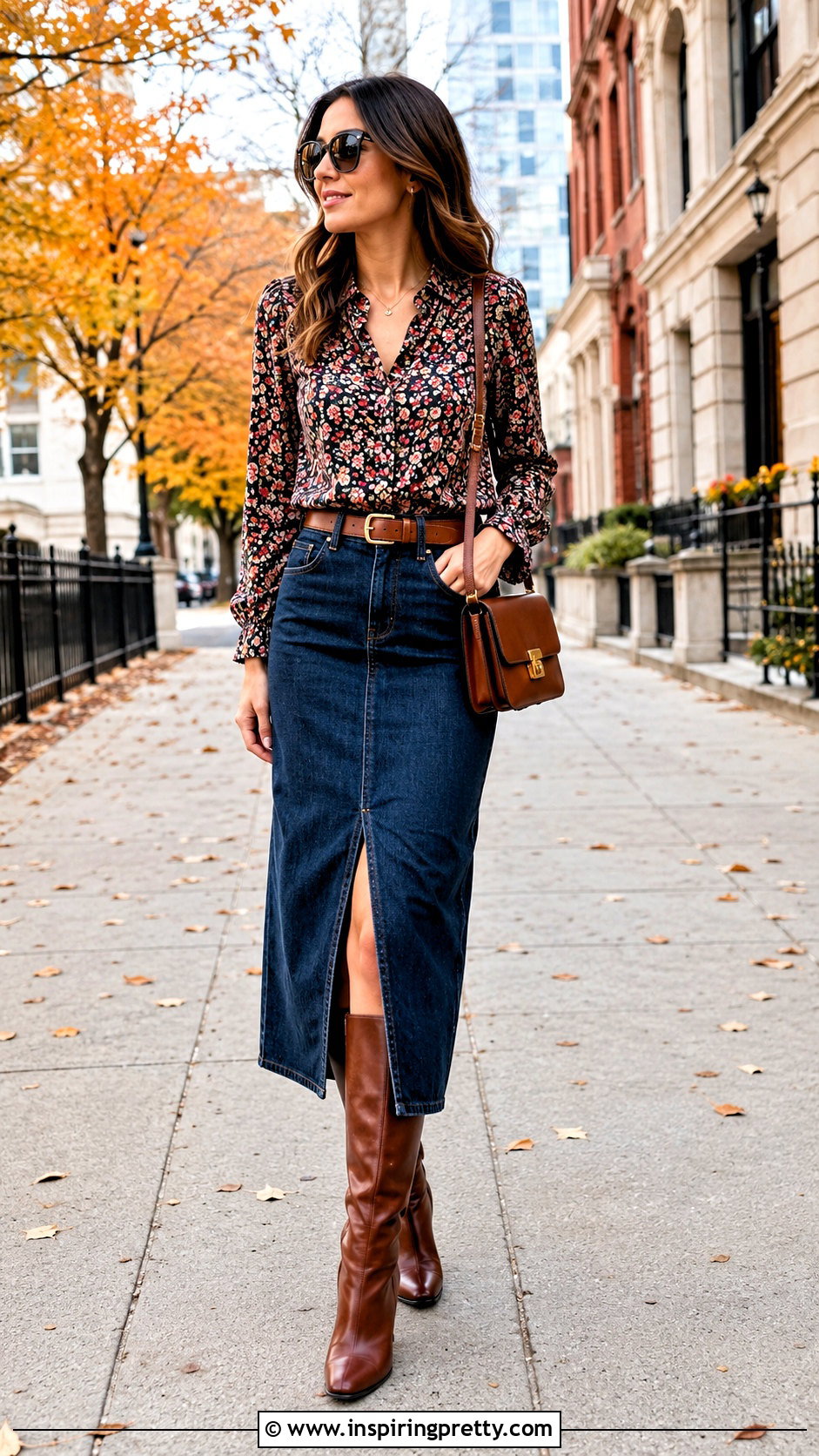 Floral Top With Denim Midi Skirt - 50 floral tops outfit ideas