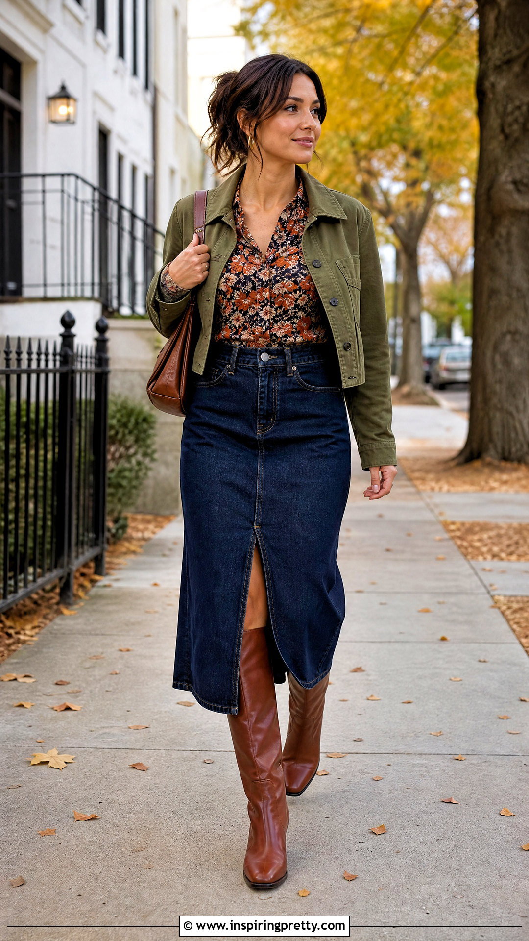 Floral Top With Denim Midi Skirt - 20 Floral Top Outfit Fall Ideas
