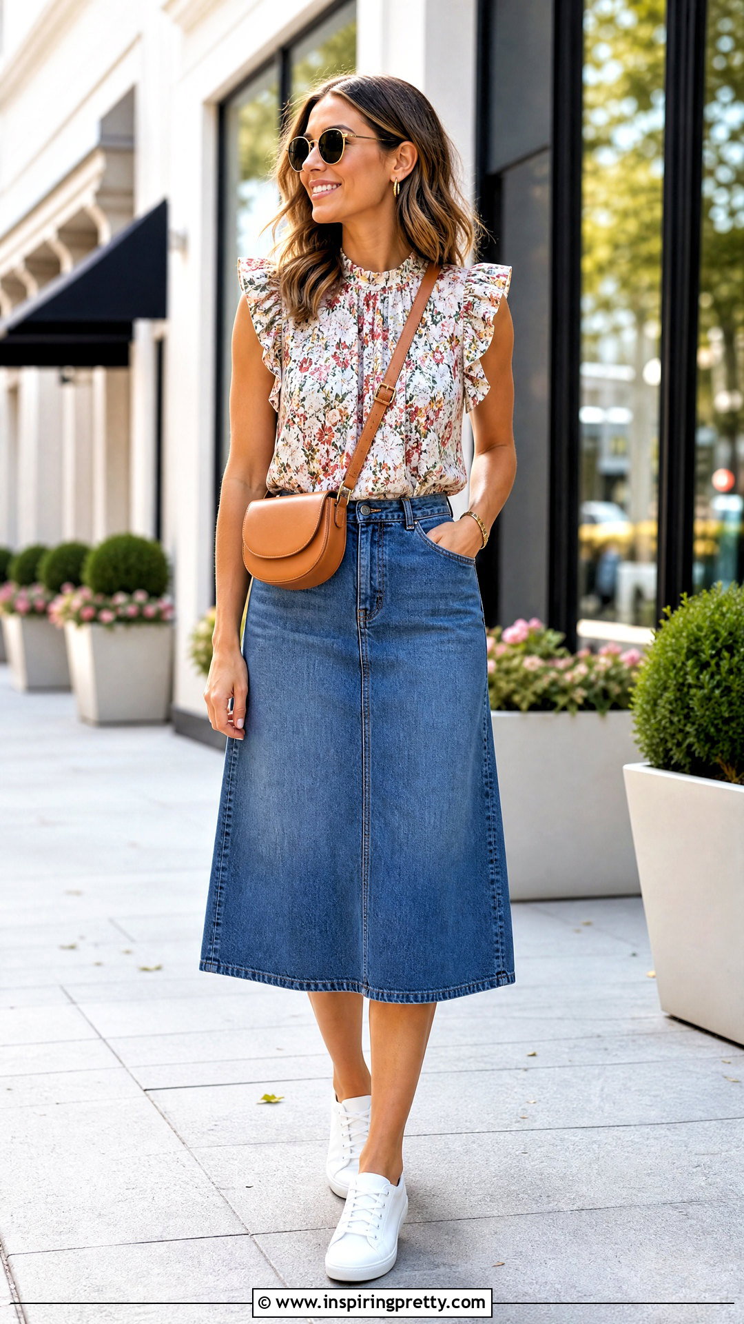 Floral Top With Denim Skirt And Belt Bag - 20 Floral Top With Accessories