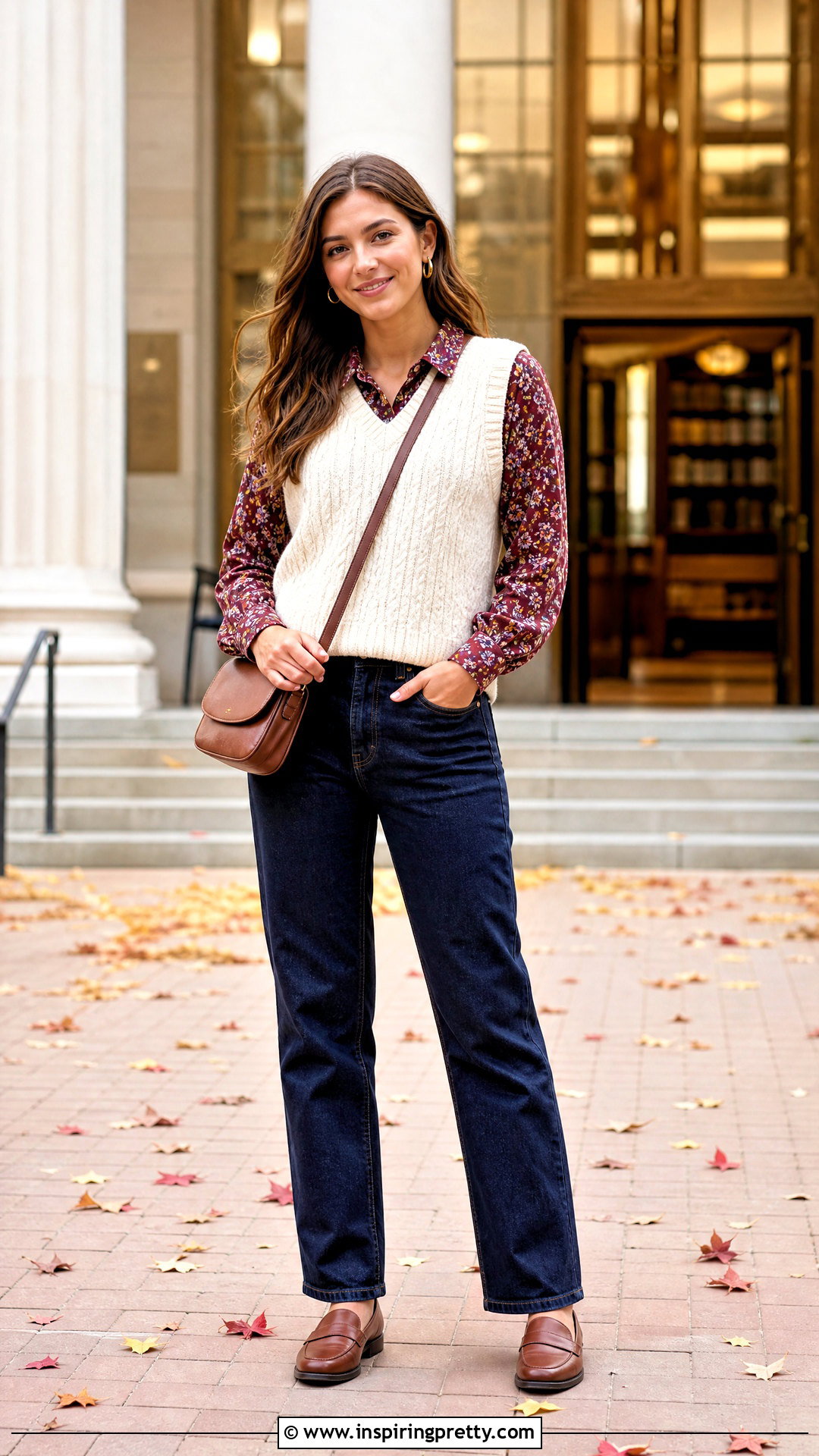 Floral Top With Knit Vest And Jeans - 20 Floral Top Outfit Fall Ideas