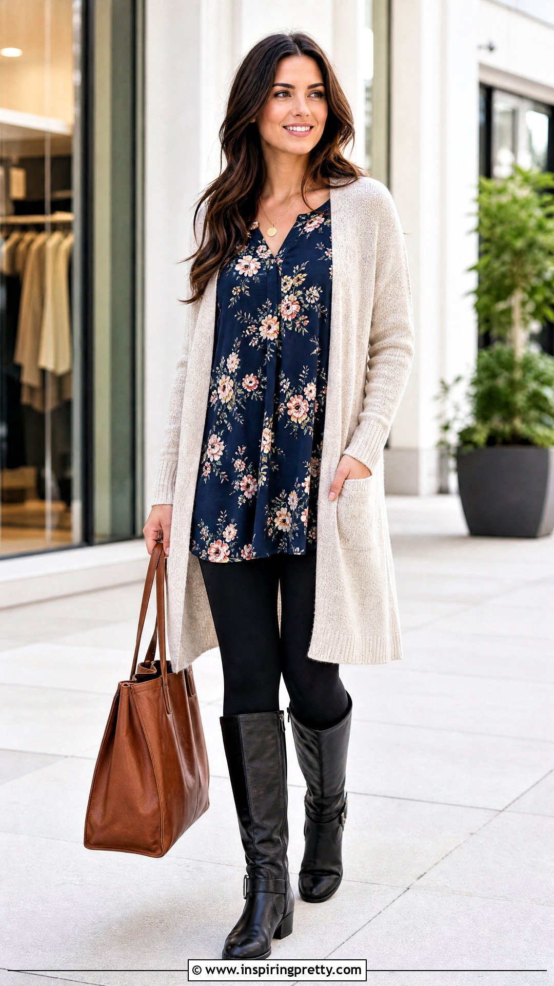 Floral Top With Long Cardigan And Leggings - 20 Floral Top Outfit Fall Ideas