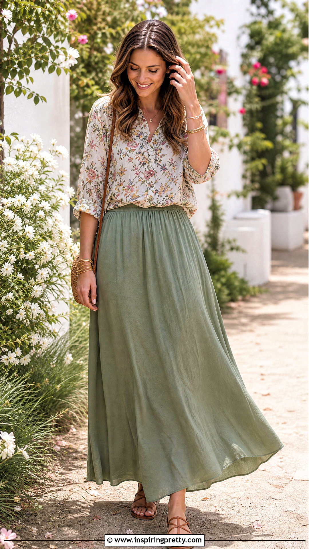 Floral Top With Maxi Skirt And Sandals - 25 spring floral top outfit ideas
