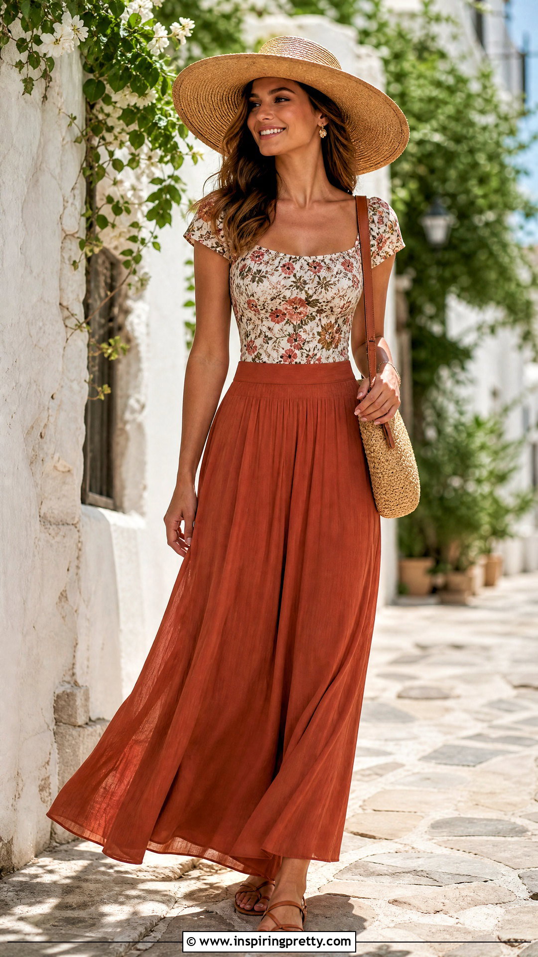 Floral Top With Maxi Skirt And Wide Brim Hat - 20 Floral Top With Accessories
