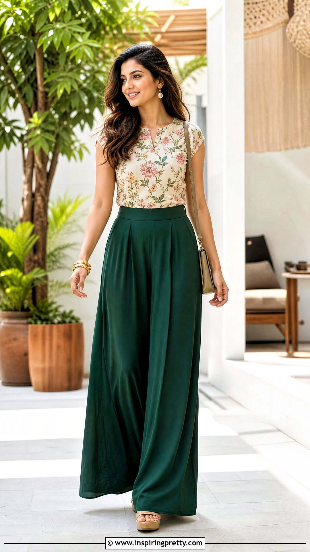 Floral Top With Palazzo Pants And Gold Bangles - 20 Floral Top With Accessories