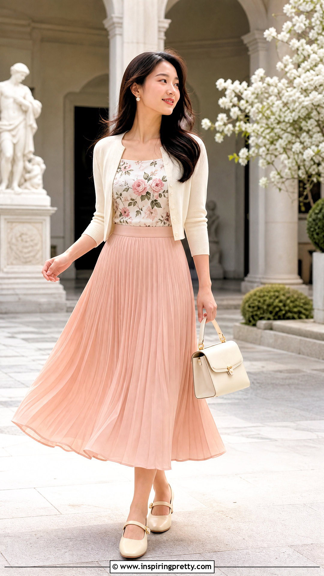 Floral Top With Pleated Midi Skirt And Mary Jane Flats - 25 spring floral top outfit ideas