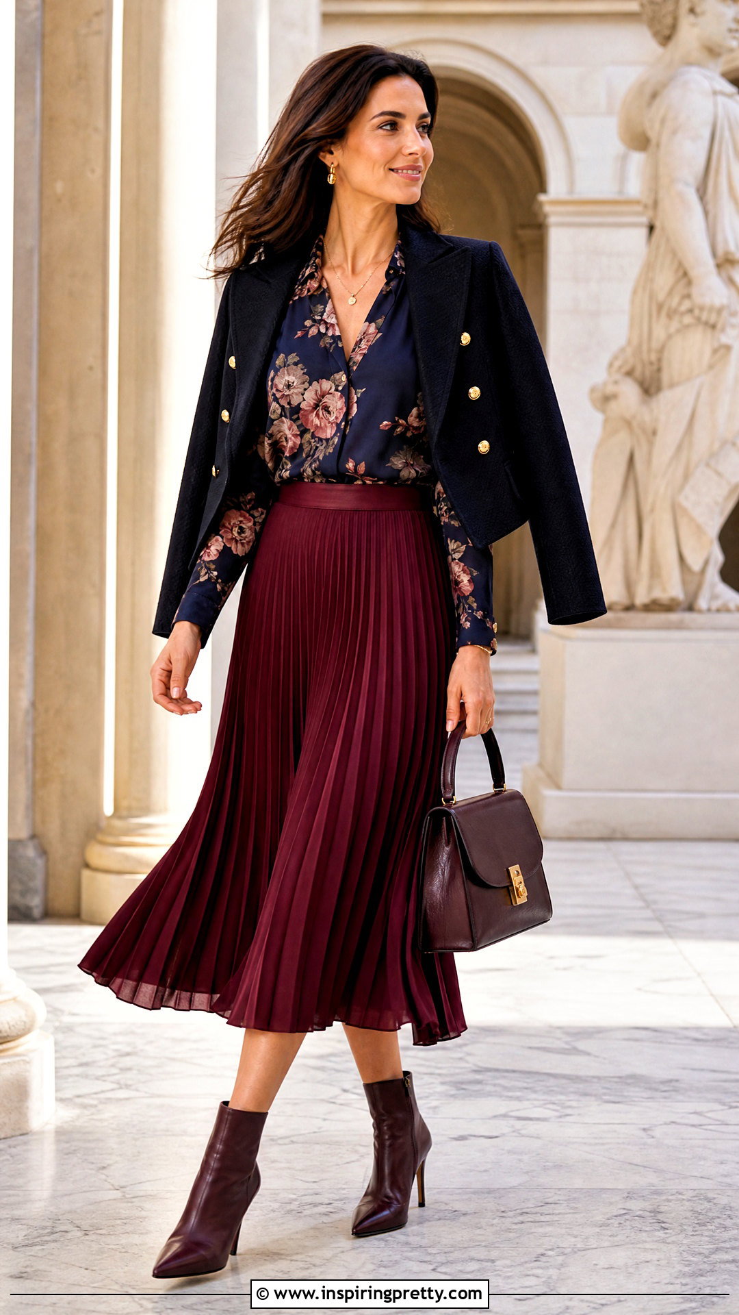 Floral Top With Pleated Midi Skirt - 20 Floral Top Outfit Fall Ideas