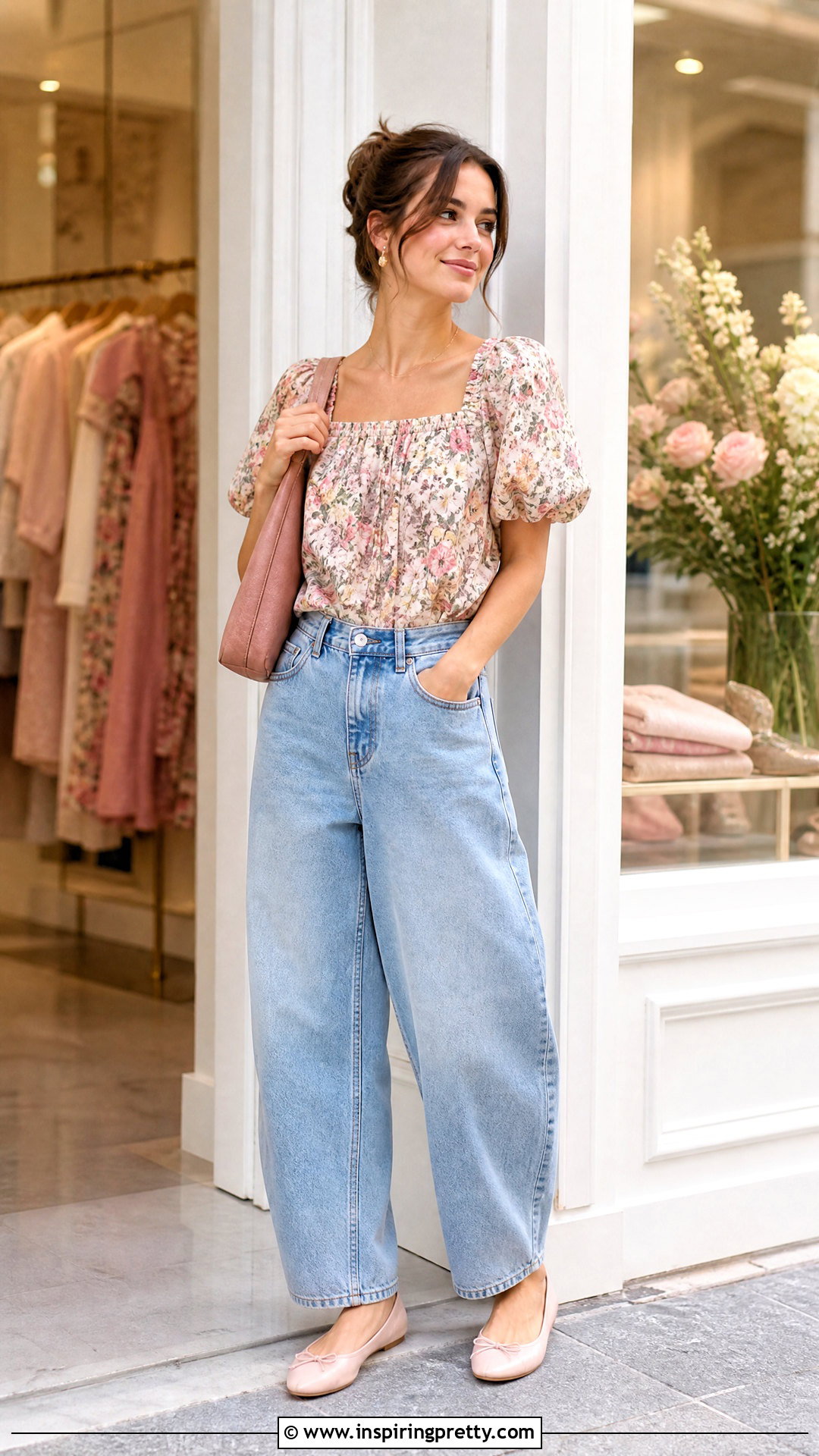 Floral Top With Relaxed Jeans - 50 pinterest tops outfit ideas