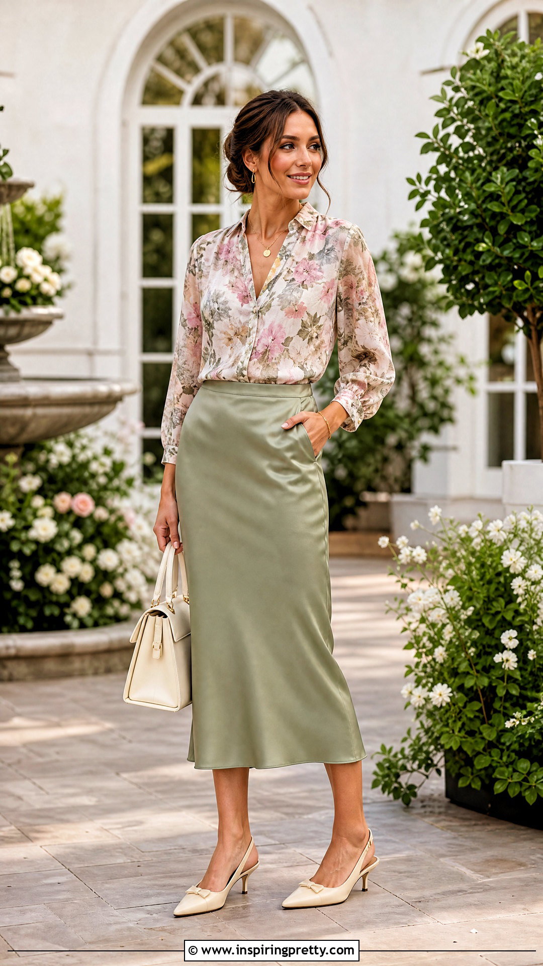 Floral Top With Satin Midi Skirt And Slingback Heels - 25 spring floral top outfit ideas