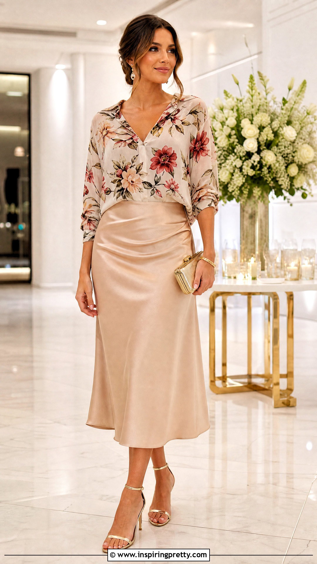 Floral Top With Satin Skirt And Metallic Clutch - 20 Floral Top With Accessories