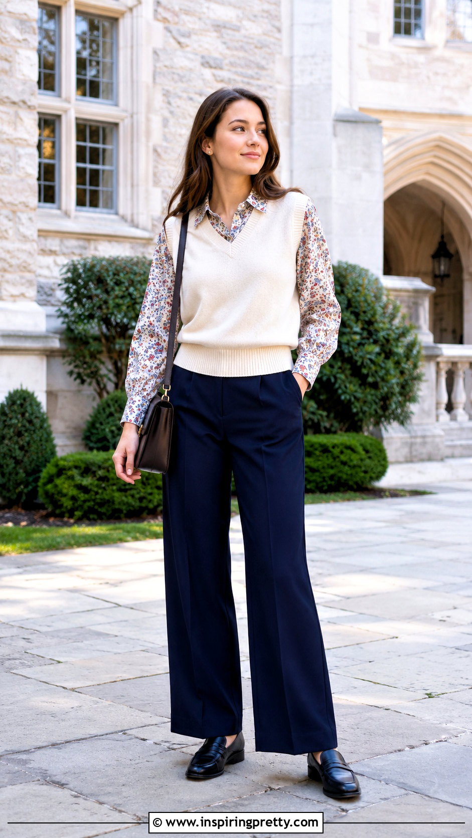 Floral Top With Sweater Vest And Trousers - 50 floral tops outfit ideas