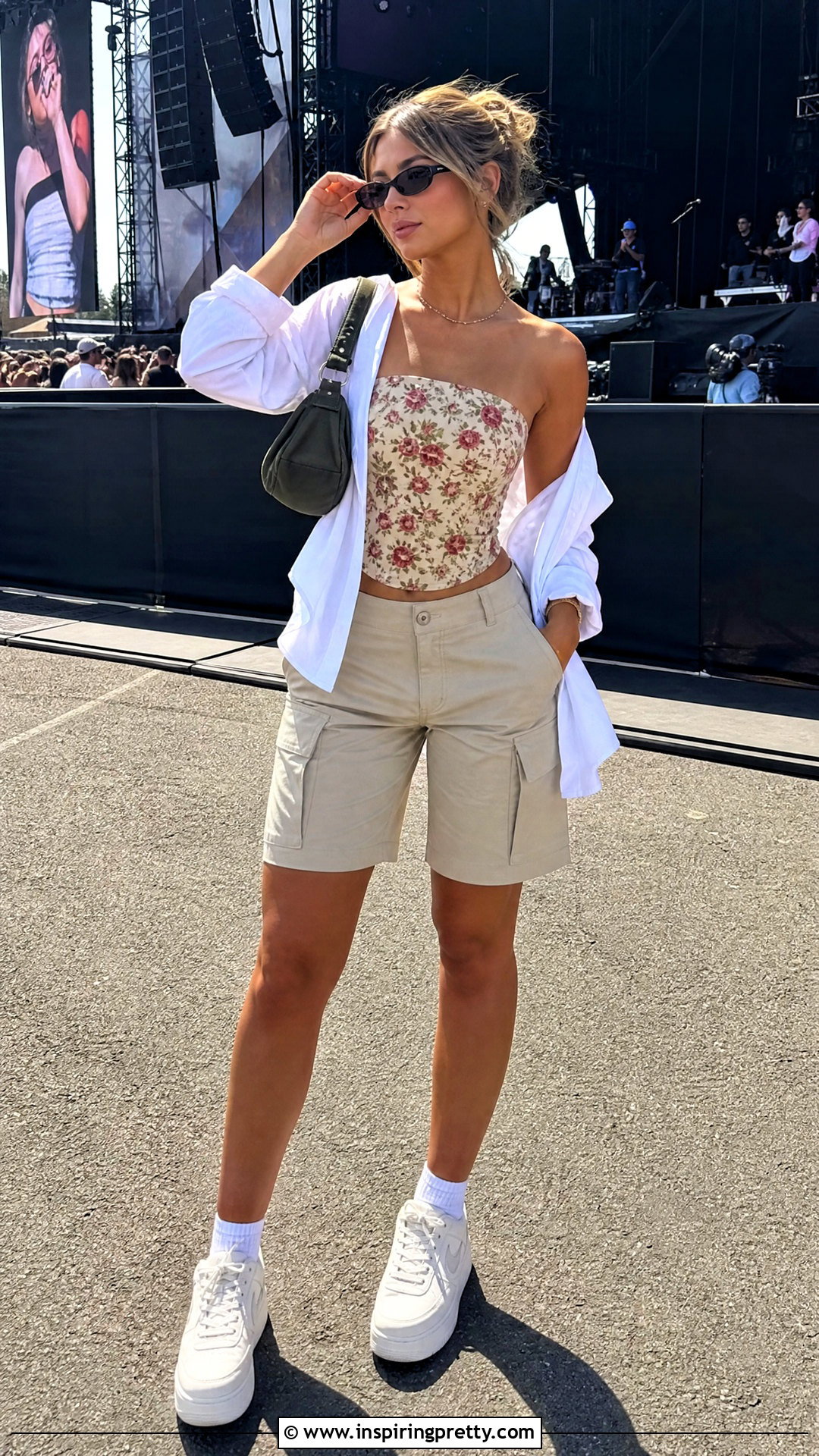 Floral Tube Top And Cargo Shorts Outfit - 20 summer outfit with floral top and shorts